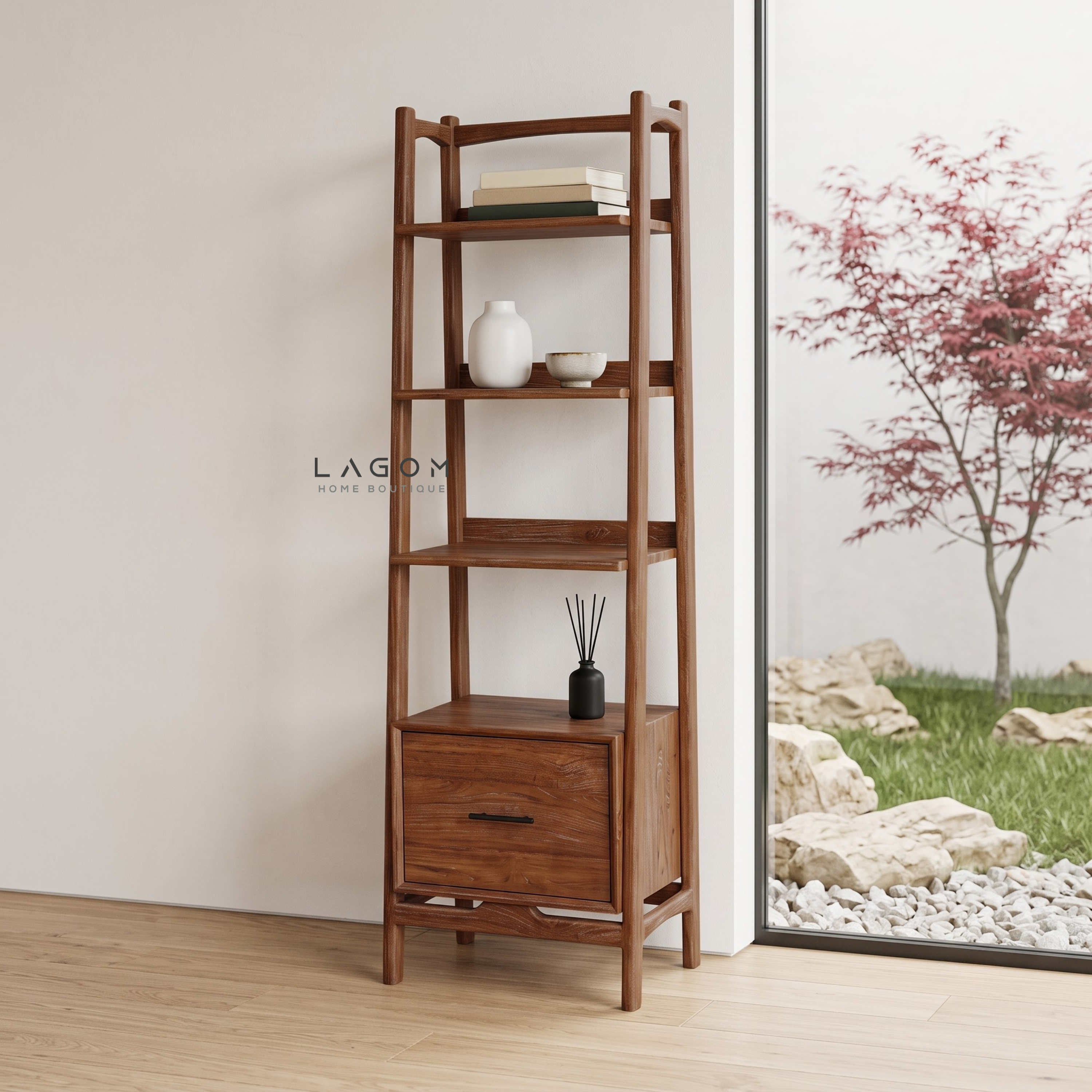 Solid Teak Display Shelf with 3 Tiers & Drawer