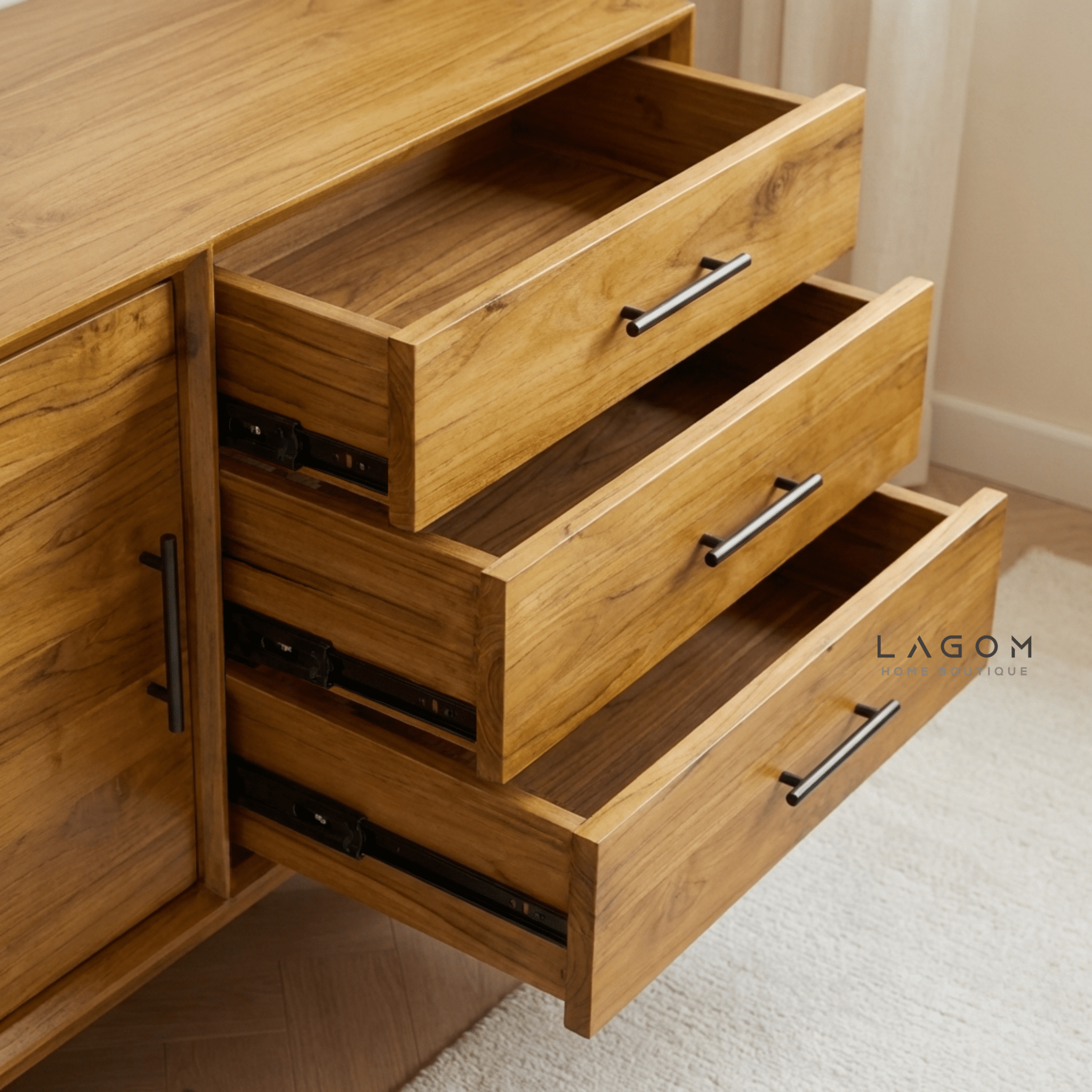 244 cm Teak Wood TV Cabinet with 6 Drawers and 2 Sliding Doors - TV Cabinet - Lagom Home Boutique
