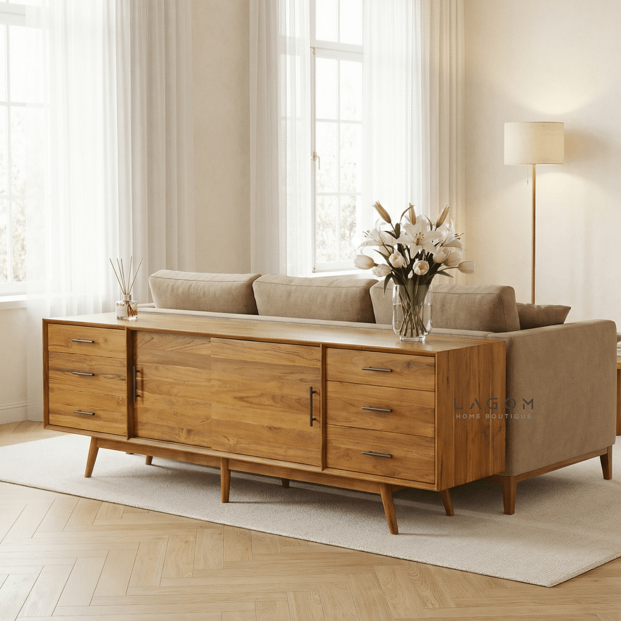 244 cm Teak Wood TV Cabinet with 6 Drawers and 2 Sliding Doors - TV Cabinet - Lagom Home Boutique