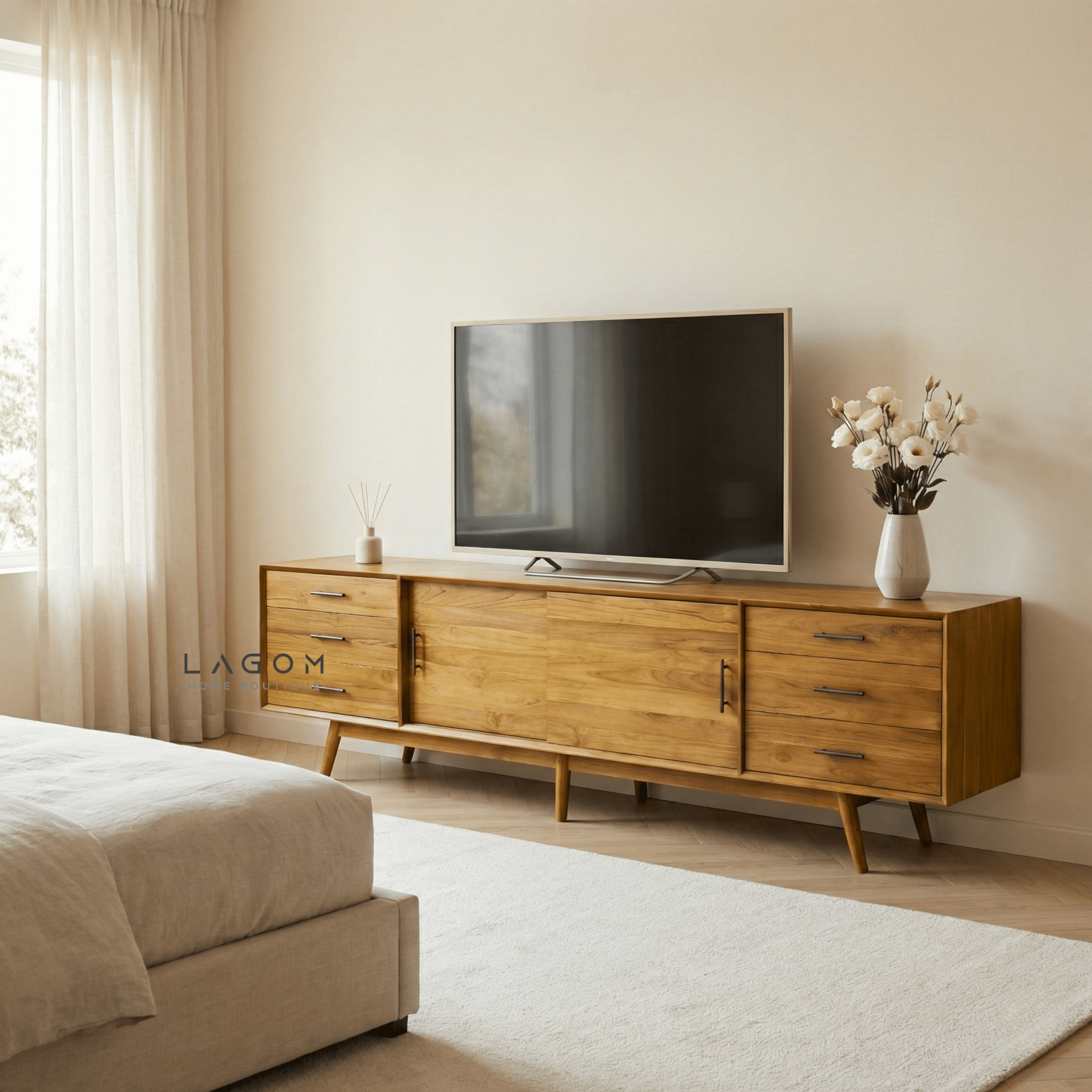 244 cm Teak Wood TV Cabinet with 6 Drawers and 2 Sliding Doors - TV Cabinet - Lagom Home Boutique