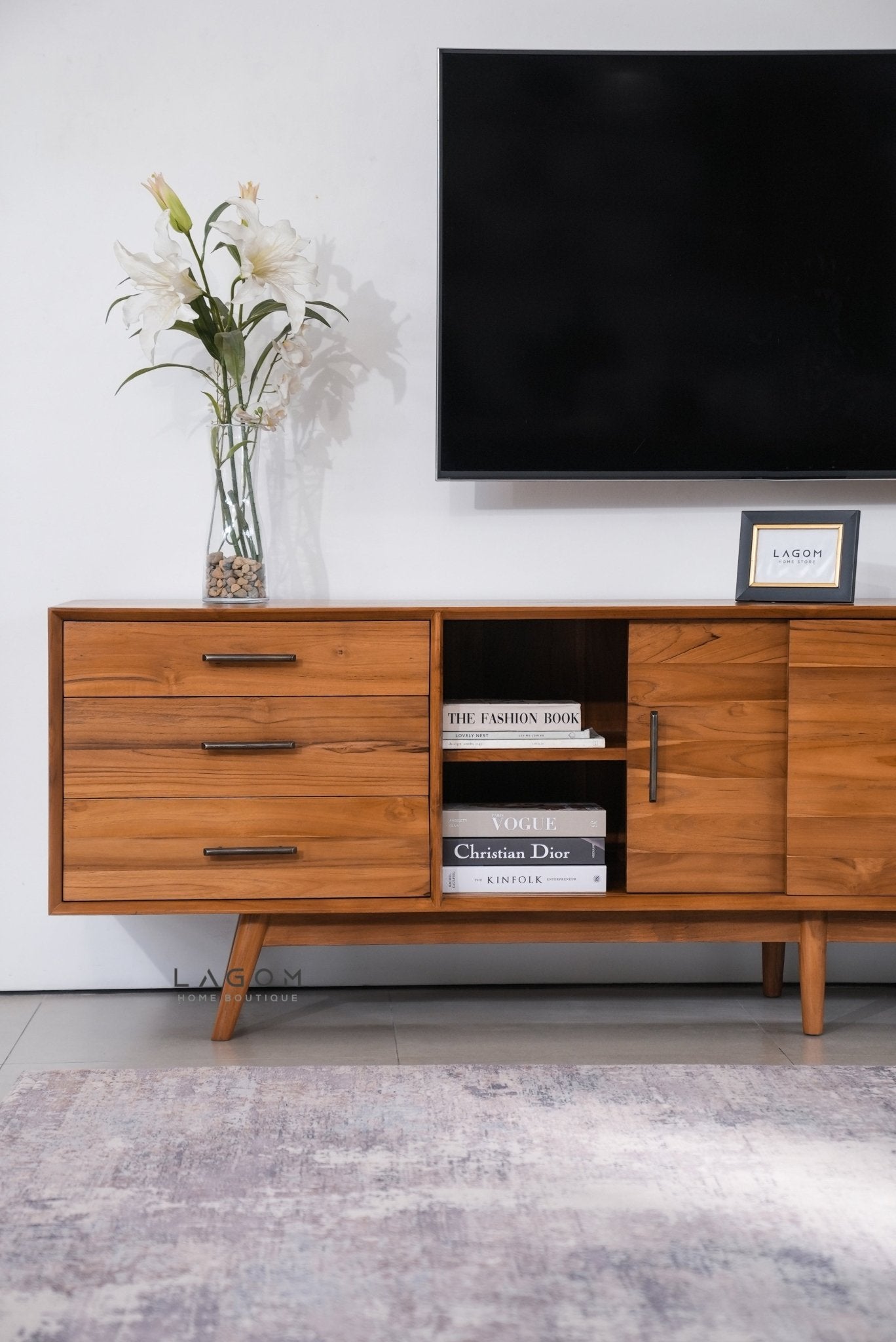 244 cm Teak Wood TV Cabinet with Drawers and Sliding Doors - TV Cabinet - Lagom Home Boutique