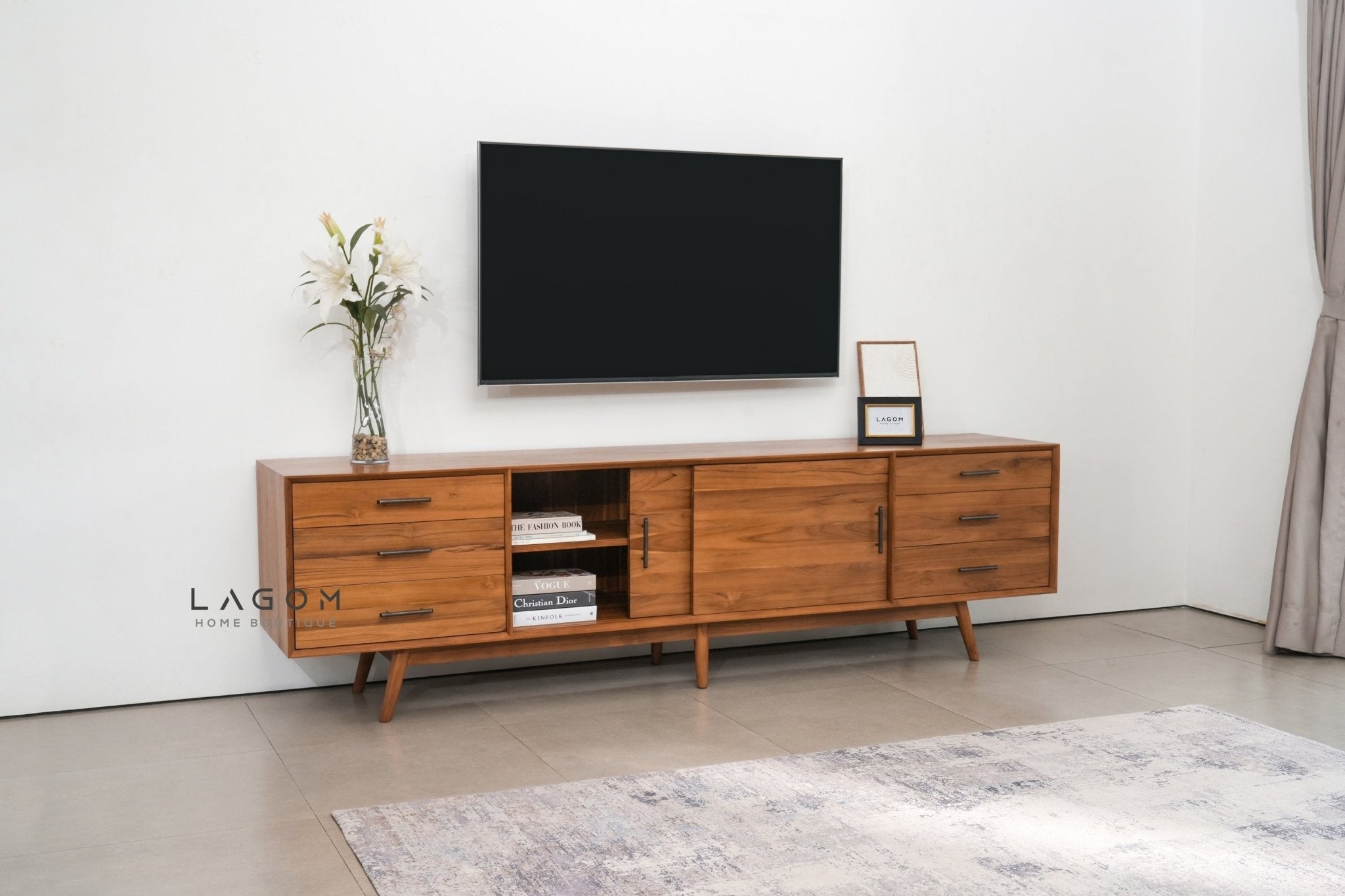 244 cm Teak Wood TV Cabinet with Drawers and Sliding Doors - TV Cabinet - Lagom Home Boutique