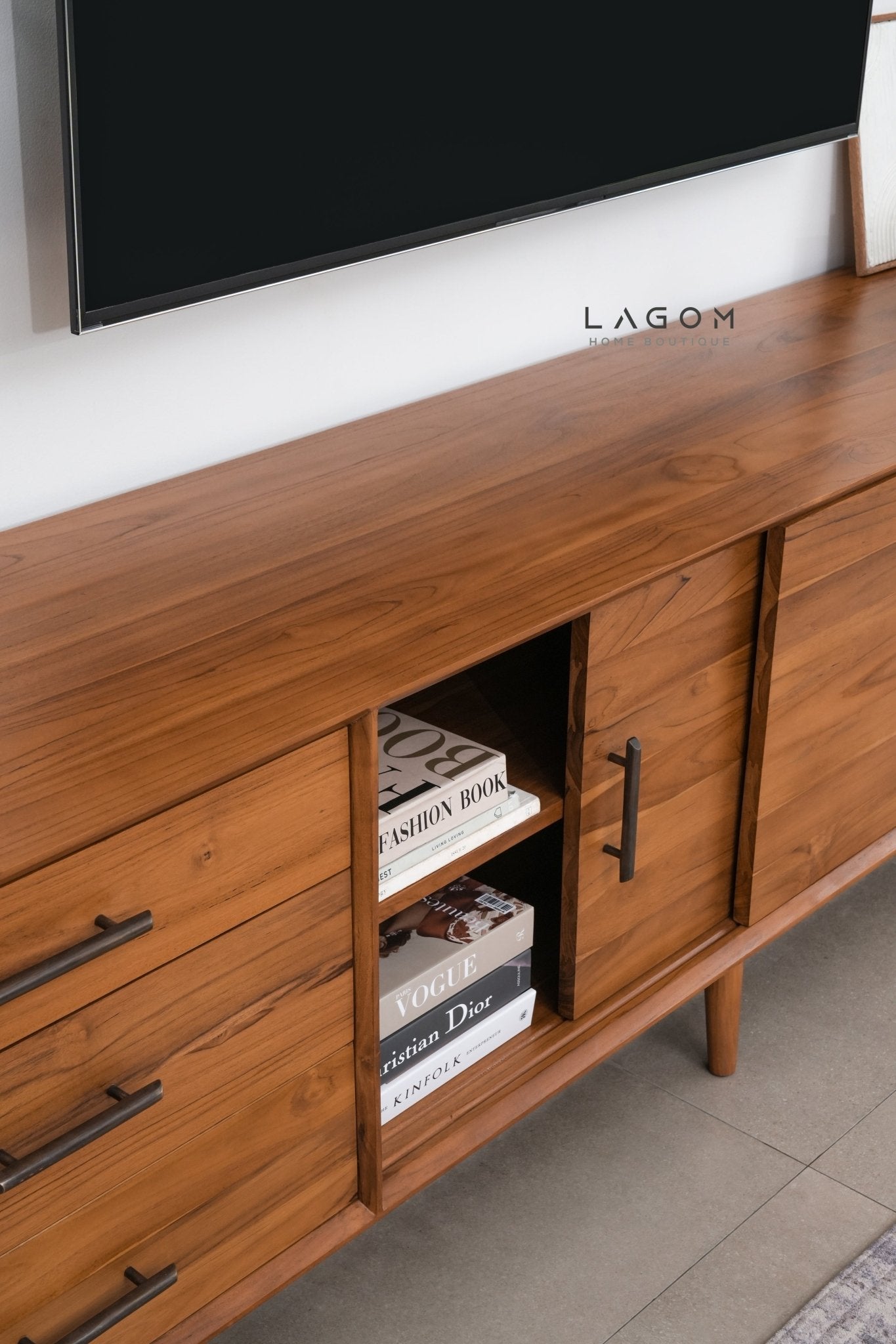 244 cm Teak Wood TV Cabinet with Drawers and Sliding Doors - TV Cabinet - Lagom Home Boutique