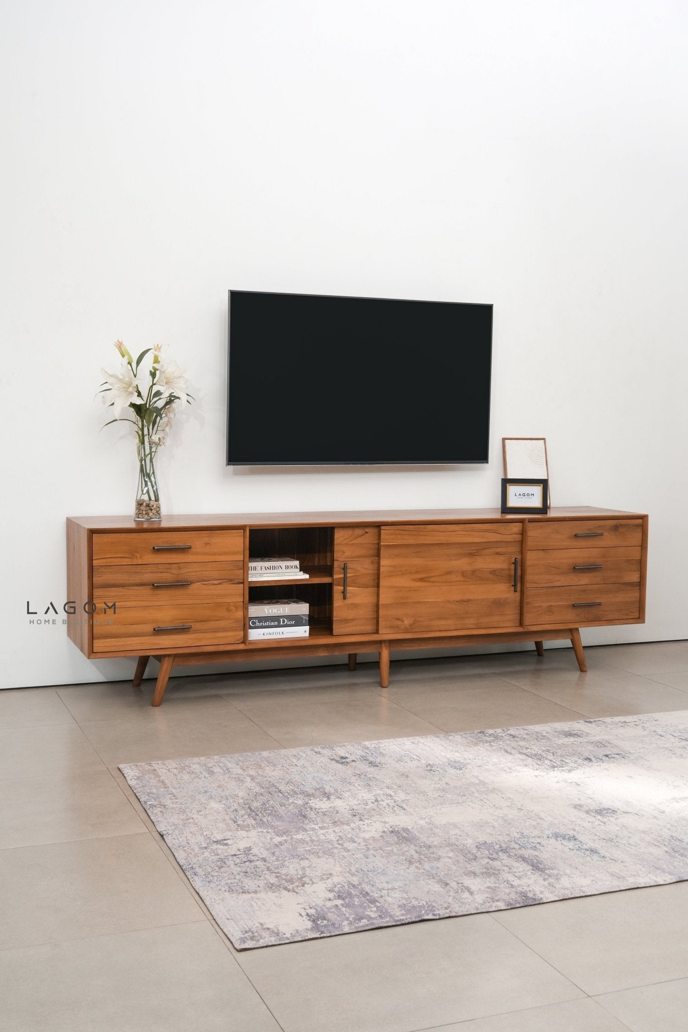 244 cm Teak Wood TV Cabinet with Drawers and Sliding Doors - TV Cabinet - Lagom Home Boutique