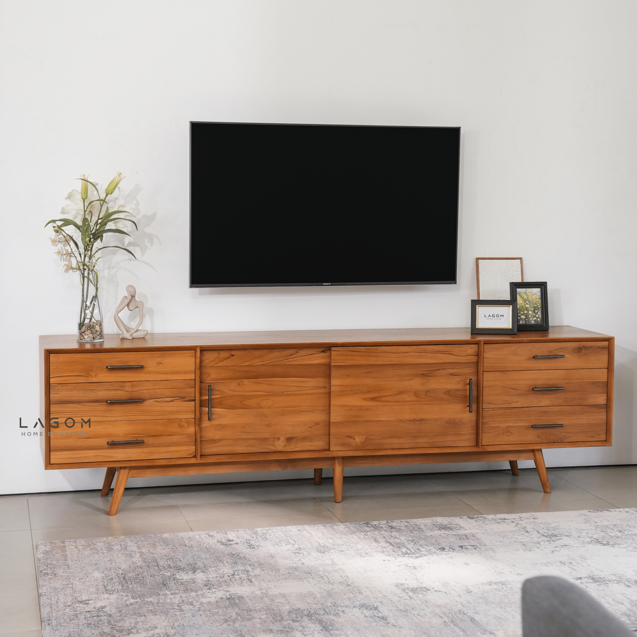 244 cm Teak Wood TV Cabinet with Drawers and Sliding Doors - TV Cabinet - Lagom Home Boutique