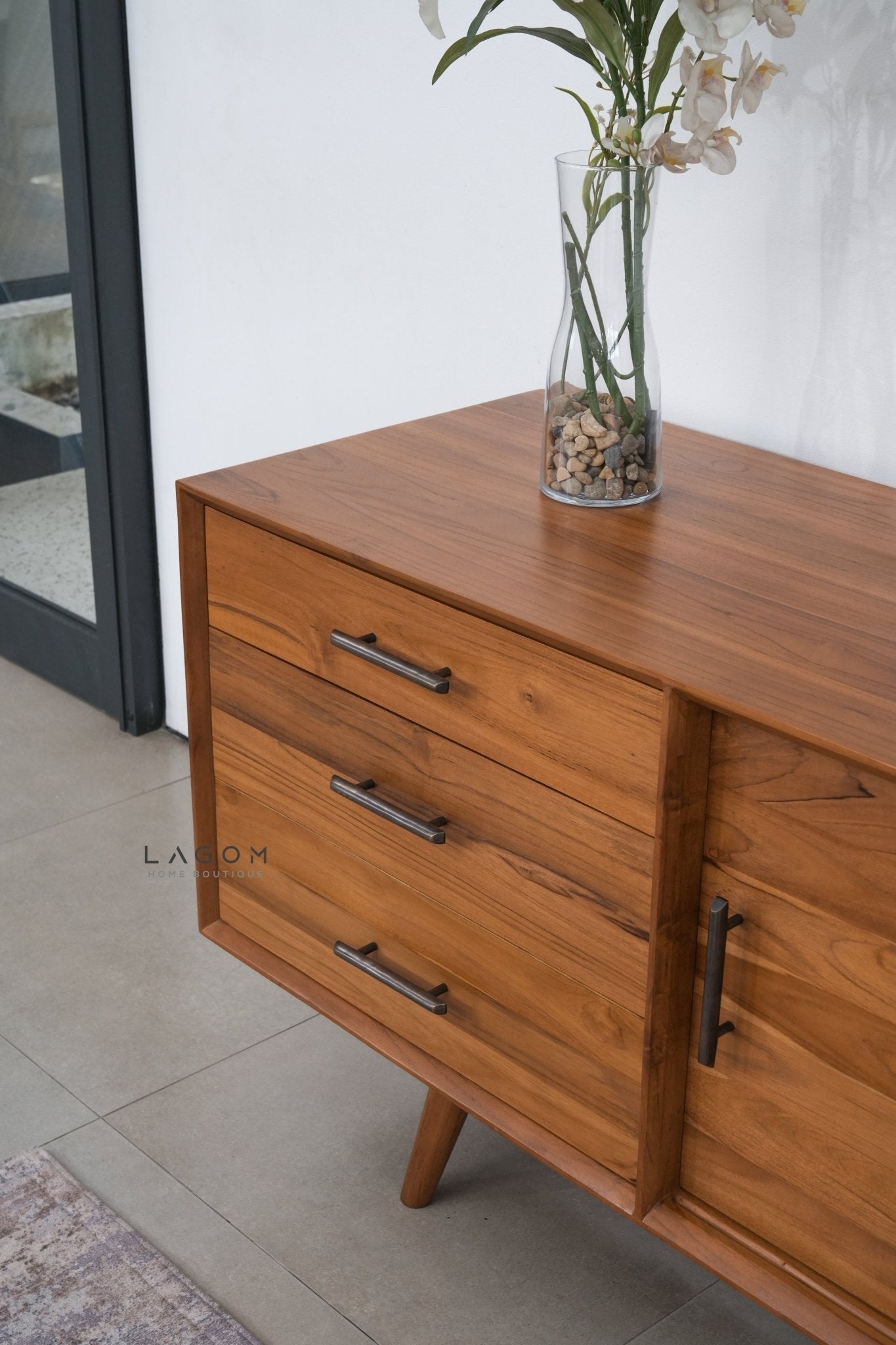 244 cm Teak Wood TV Cabinet with Drawers and Sliding Doors - TV Cabinet - Lagom Home Boutique