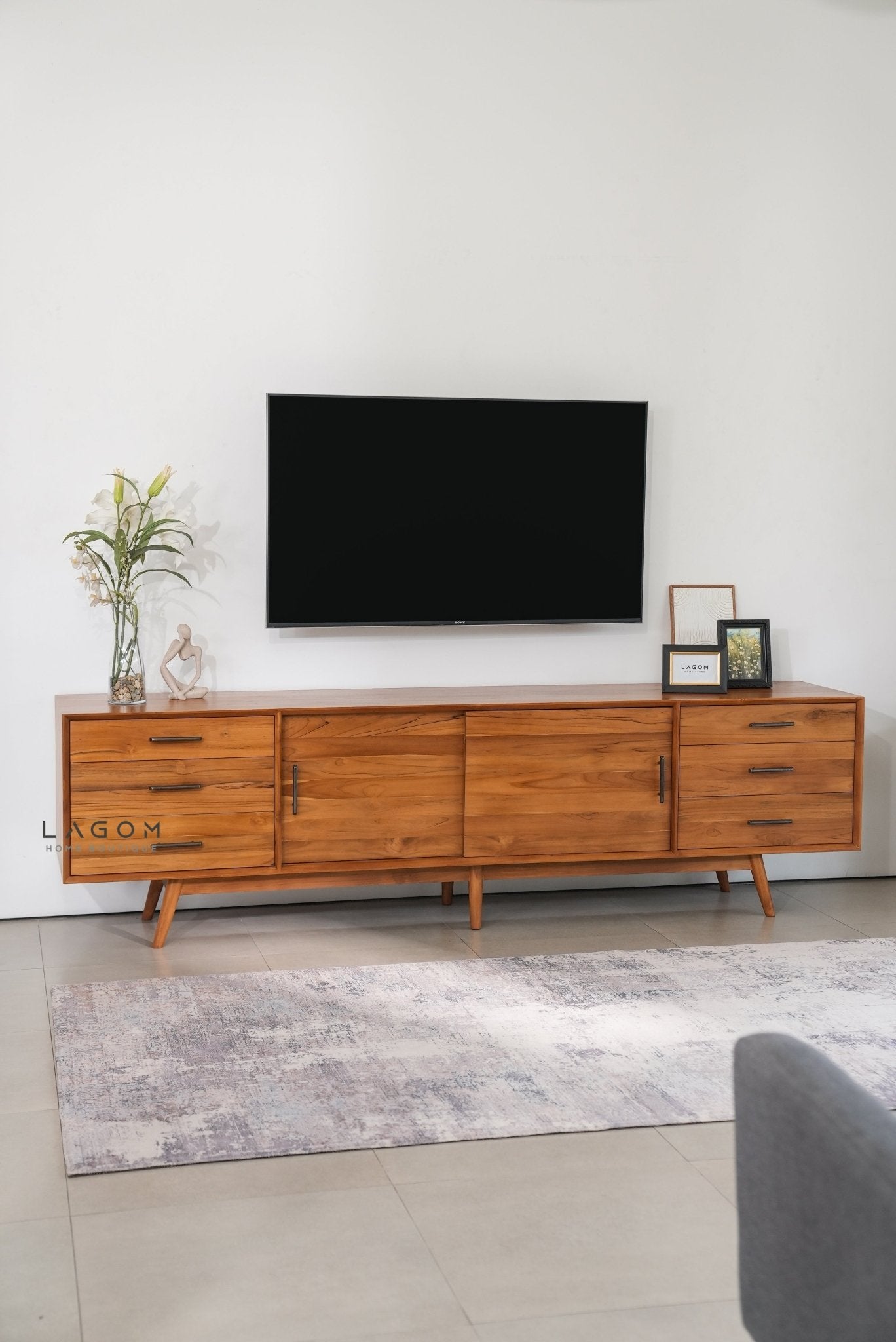 244 cm Teak Wood TV Cabinet with Drawers and Sliding Doors - TV Cabinet - Lagom Home Boutique