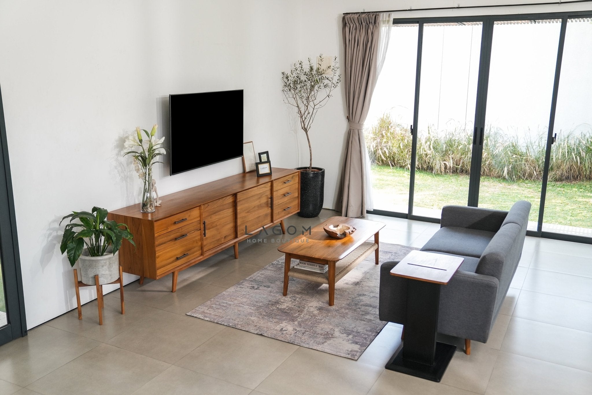 244 cm Teak Wood TV Cabinet with Drawers and Sliding Doors - TV Cabinet - Lagom Home Boutique