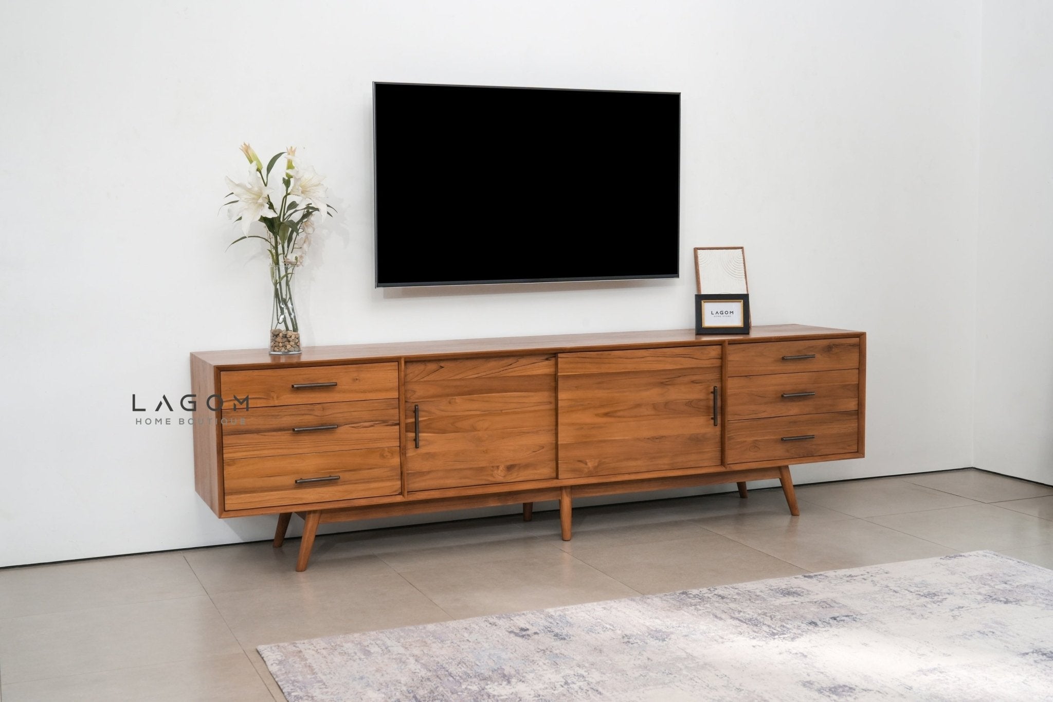 244 cm Teak Wood TV Cabinet with Drawers and Sliding Doors - TV Cabinet - Lagom Home Boutique