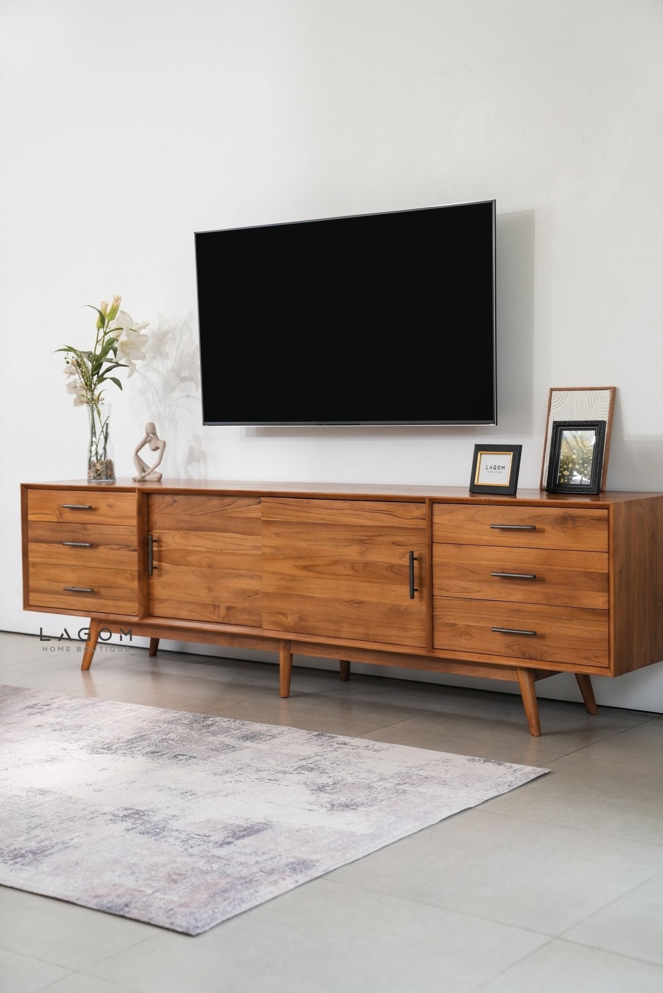 244 cm Teak Wood TV Cabinet with Drawers and Sliding Doors - TV Cabinet - Lagom Home Boutique