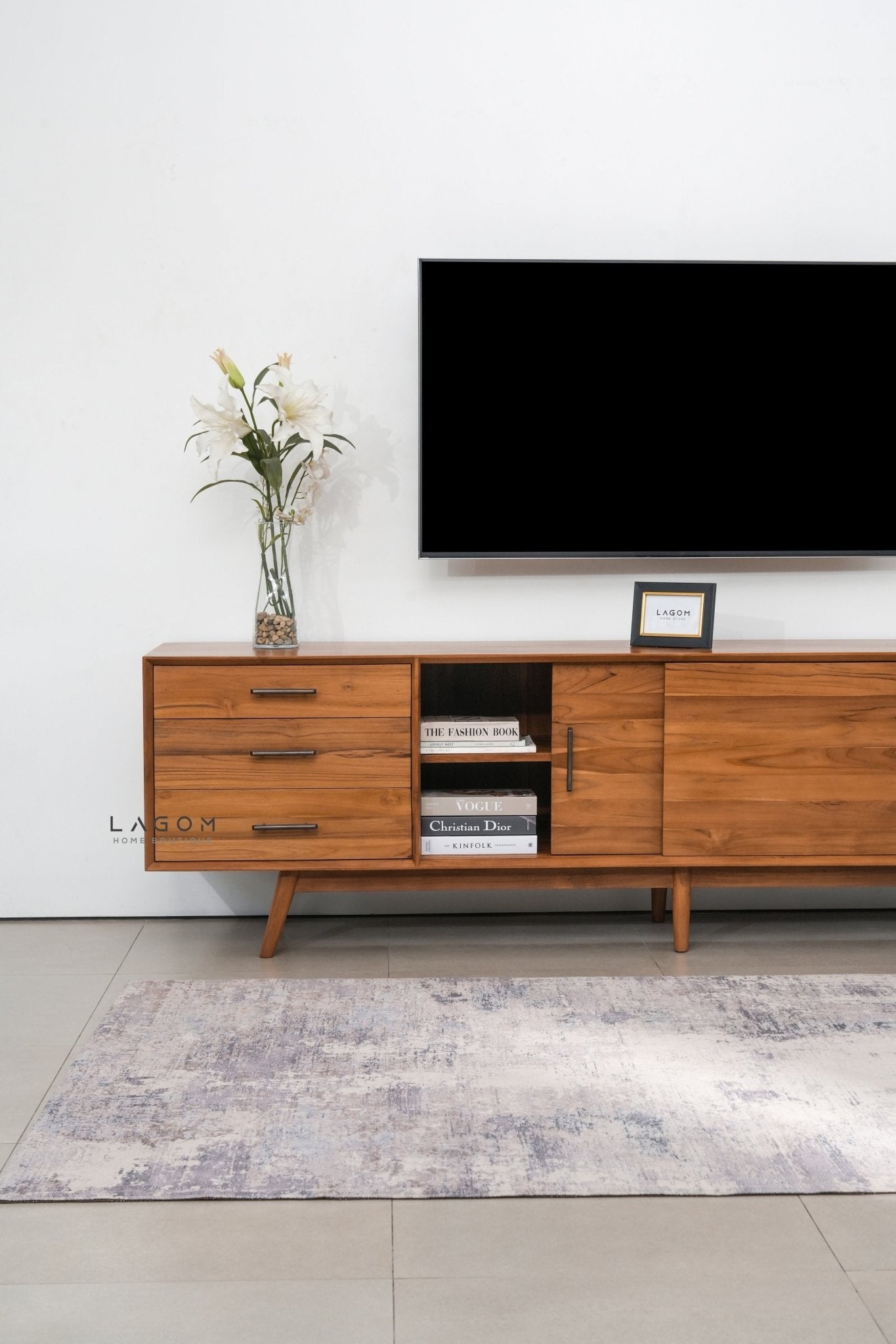 244 cm Teak Wood TV Cabinet with Drawers and Sliding Doors - TV Cabinet - Lagom Home Boutique