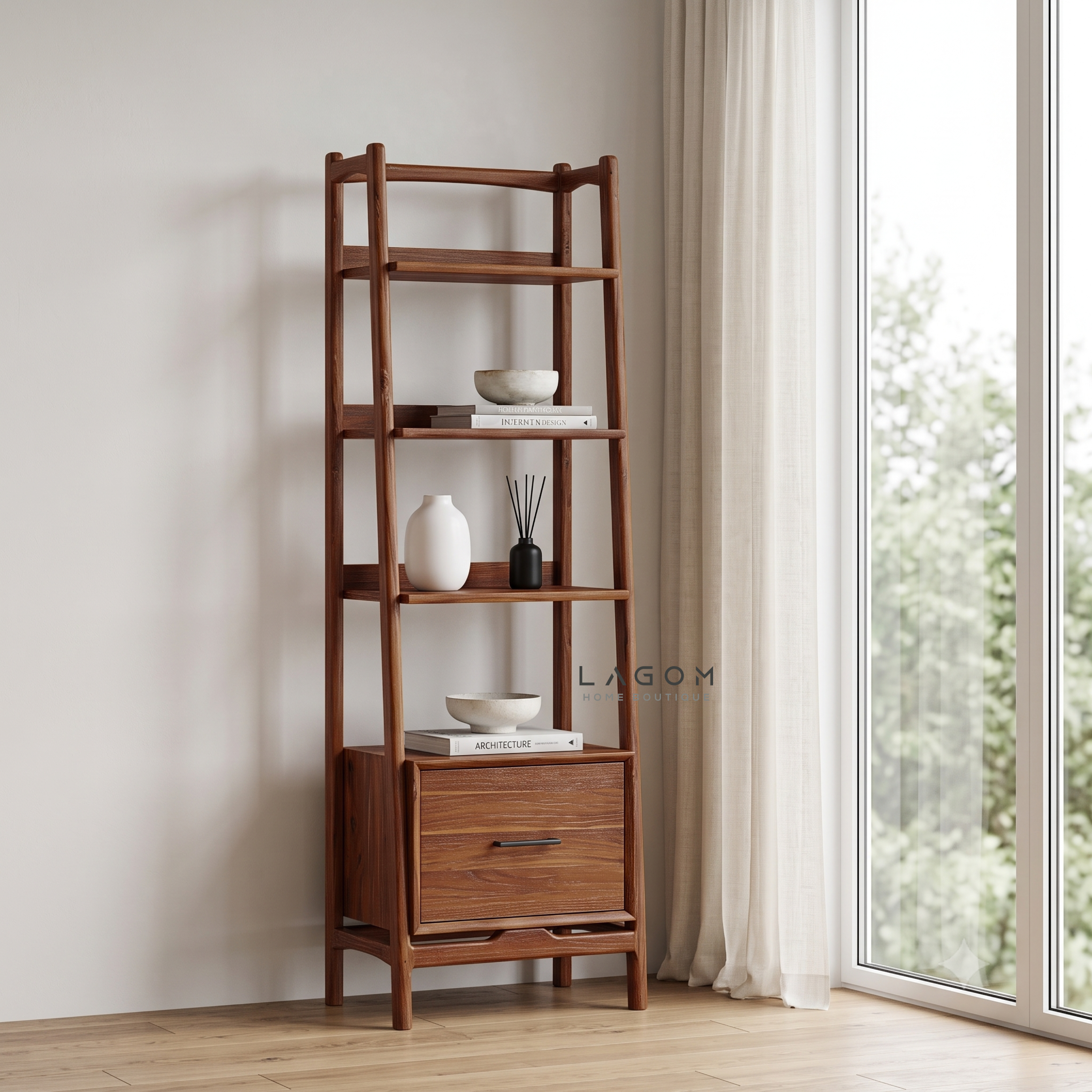 Solid Teak Display Shelf with 3 Tiers & Drawer