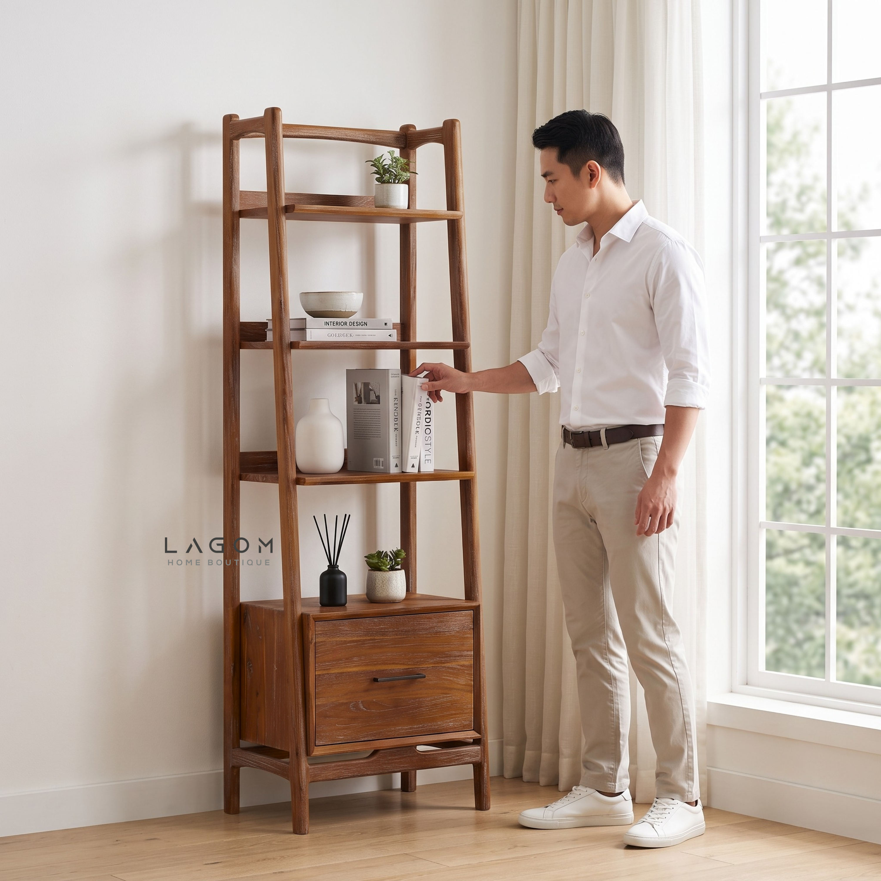 Solid Teak Display Shelf with 3 Tiers & Drawer