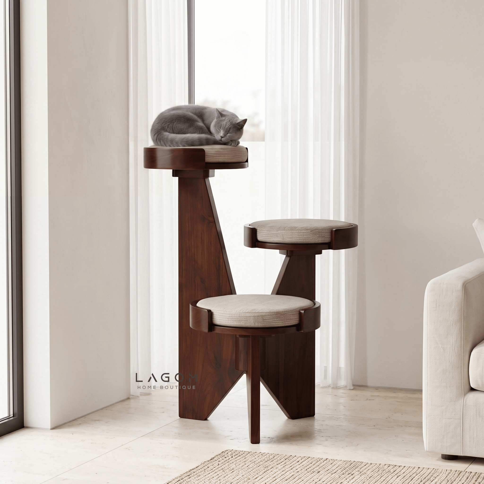 3-Level Solid Teak Cat Tree-Cat Tree-Lagom Home Boutique