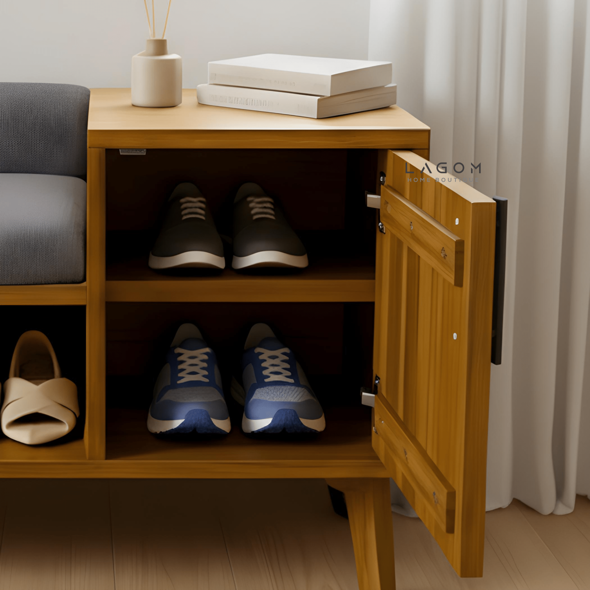 4 - Pair Shoe Storage Bench in Solid Teak - Bench - Lagom Home Boutique