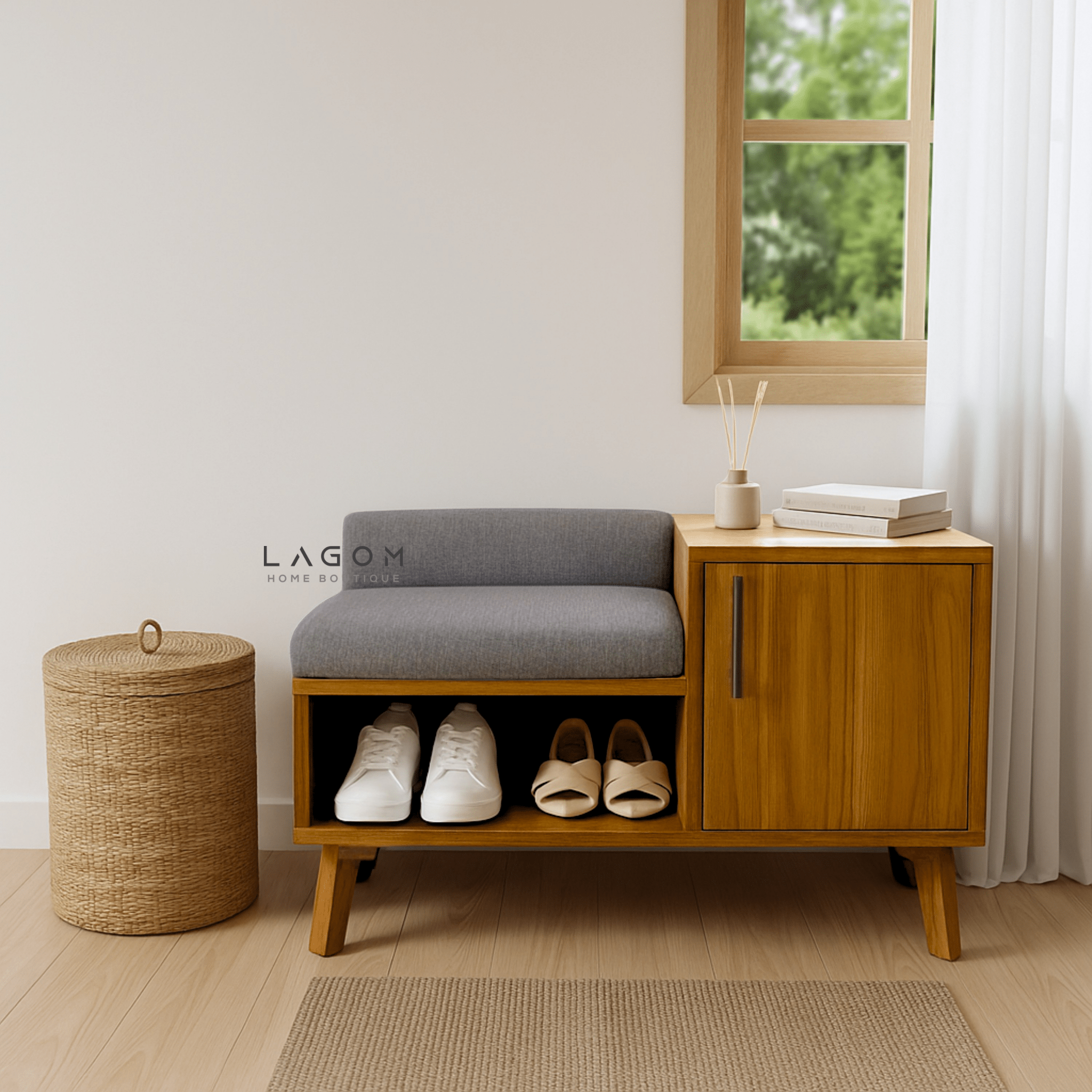 4 - Pair Shoe Storage Bench in Solid Teak - Bench - Lagom Home Boutique