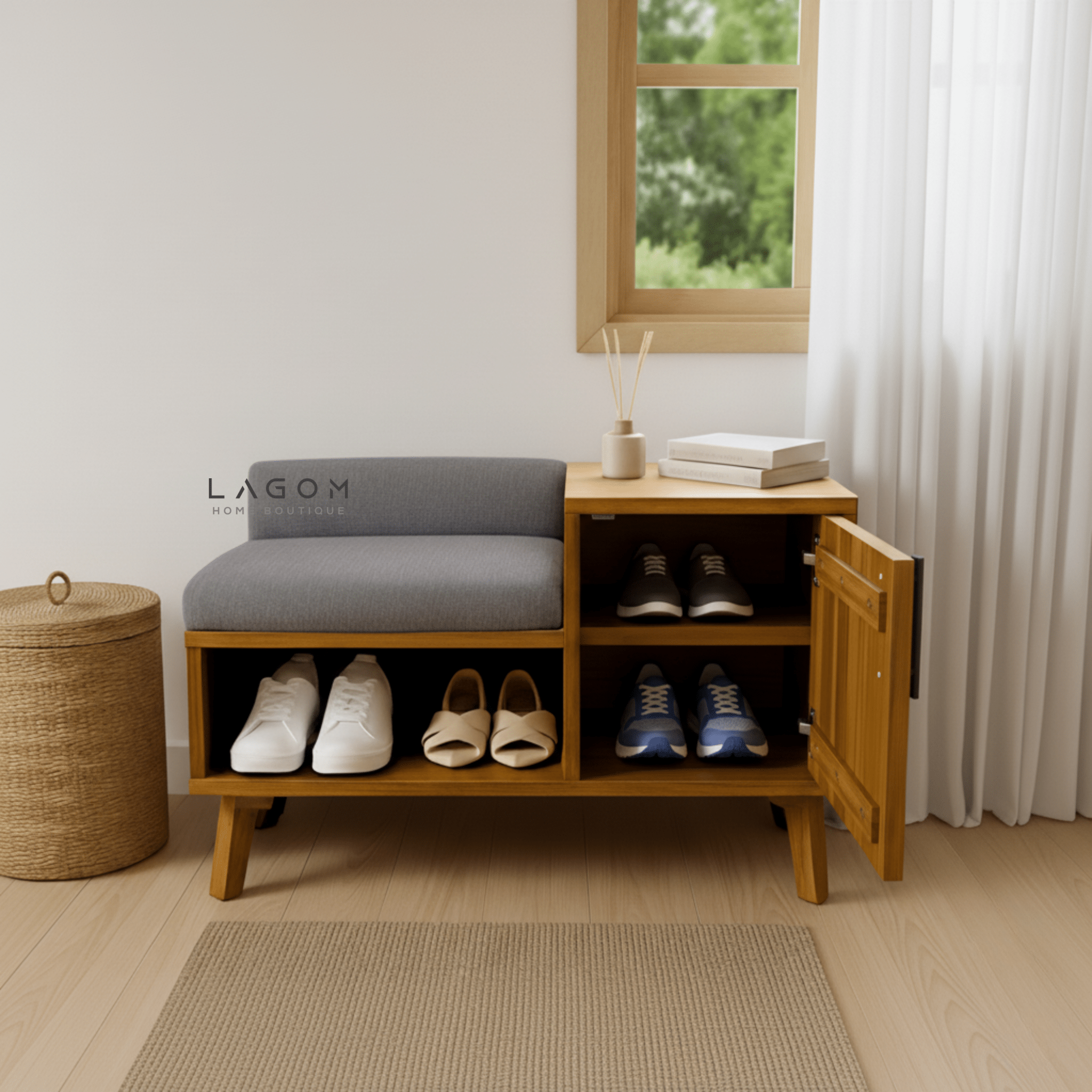 4 - Pair Shoe Storage Bench in Solid Teak - Bench - Lagom Home Boutique