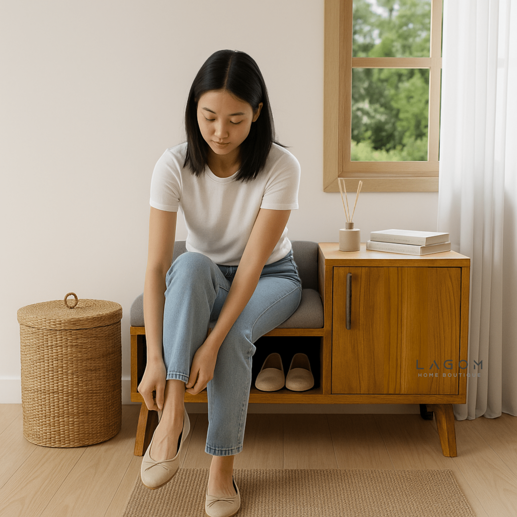4 - Pair Shoe Storage Bench in Solid Teak - Bench - Lagom Home Boutique
