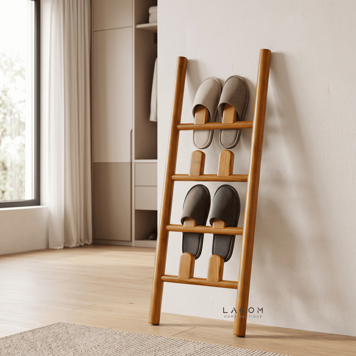 4-Pair Teak Sandal Rack - Leaning Style-Sandal Rack-Lagom Home Boutique