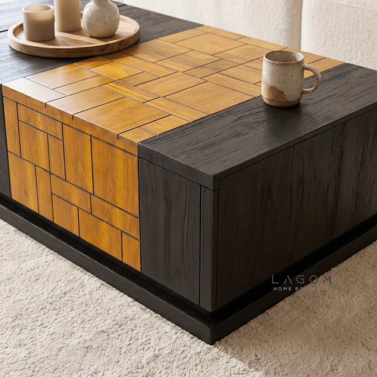 4-Storage Teak Coffee Table with Seamless Drawers-Coffee Table-Lagom Home Boutique