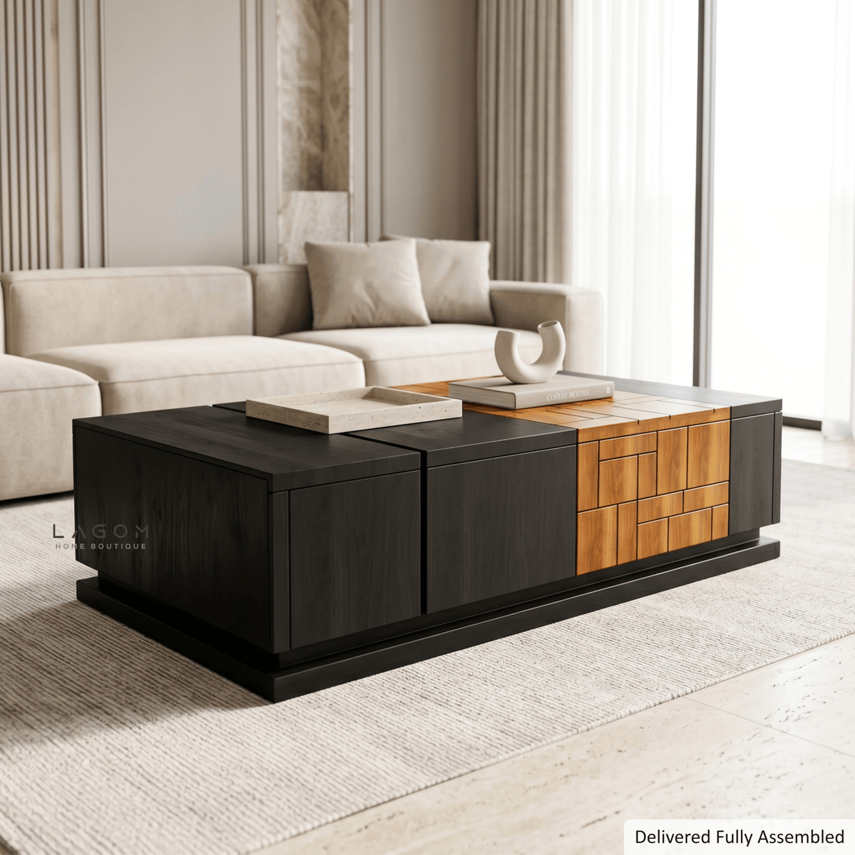 4-Storage Teak Coffee Table with Seamless Drawers-Coffee Table-Lagom Home Boutique