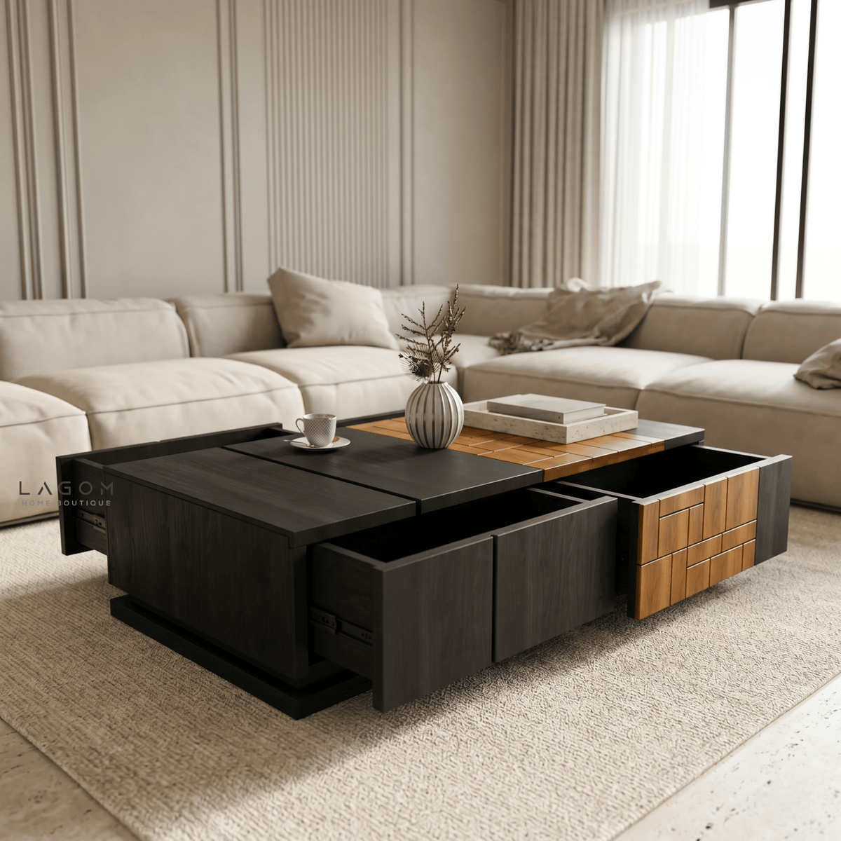 4-Storage Teak Coffee Table with Seamless Drawers-Coffee Table-Lagom Home Boutique