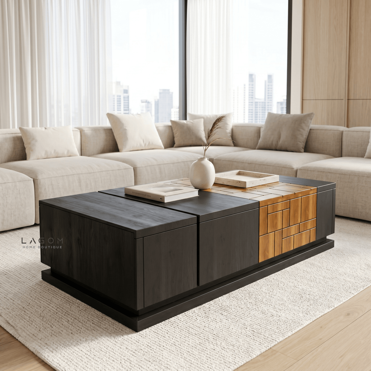 4-Storage Teak Coffee Table with Seamless Drawers-Coffee Table-Lagom Home Boutique