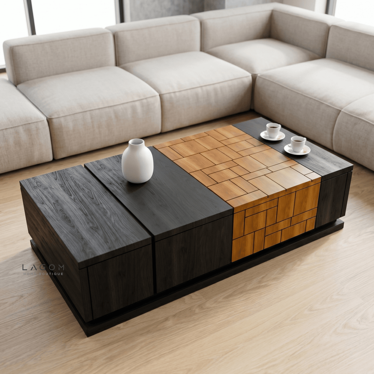 4-Storage Teak Coffee Table with Seamless Drawers-Coffee Table-Lagom Home Boutique