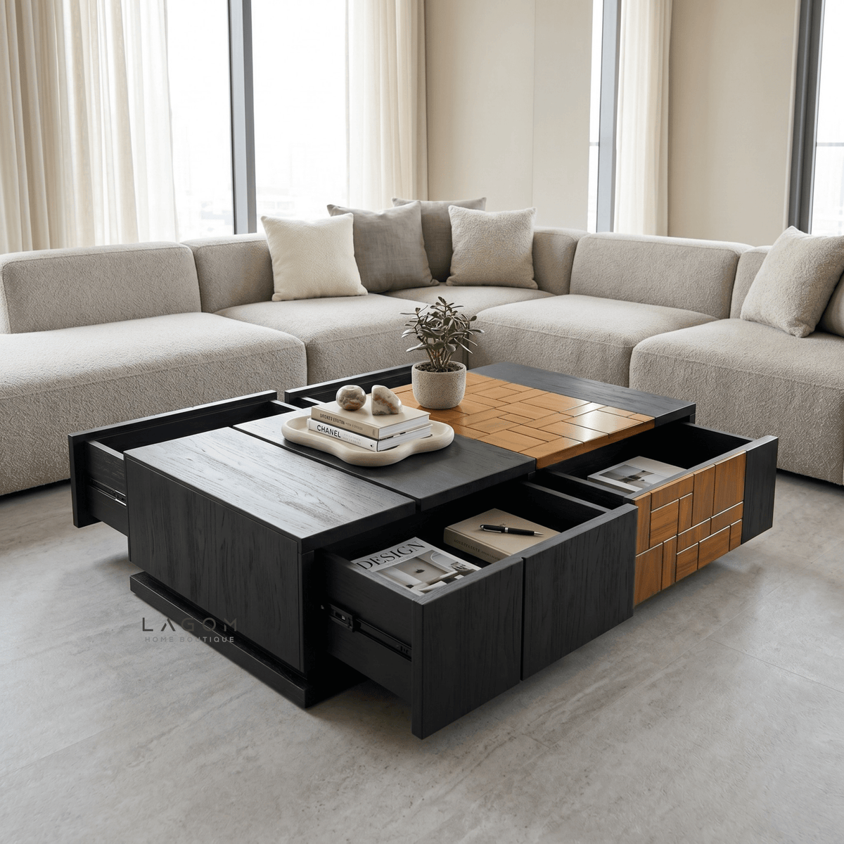 4-Storage Teak Coffee Table with Seamless Drawers-Coffee Table-Lagom Home Boutique