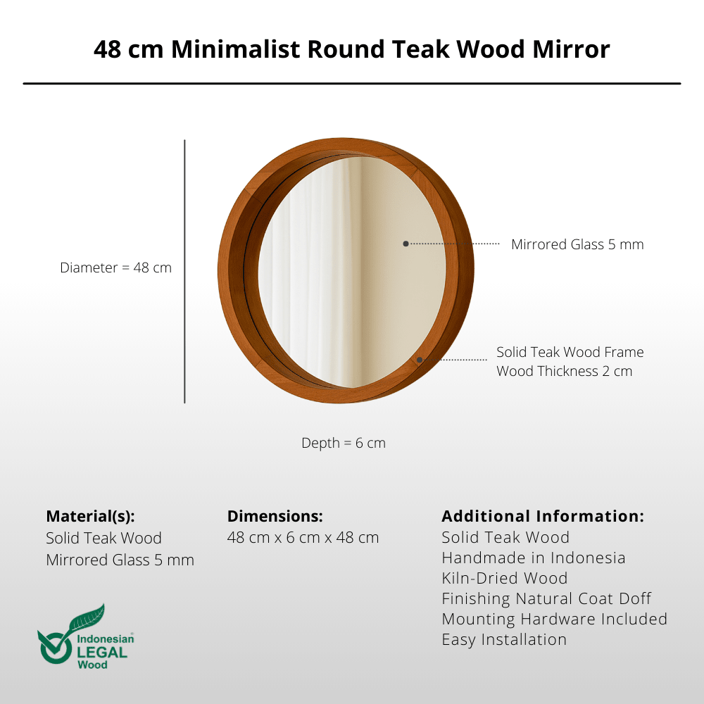 48 cm Minimalist Round Teak Wood Mirror - Mirror - Lagom Home Boutique