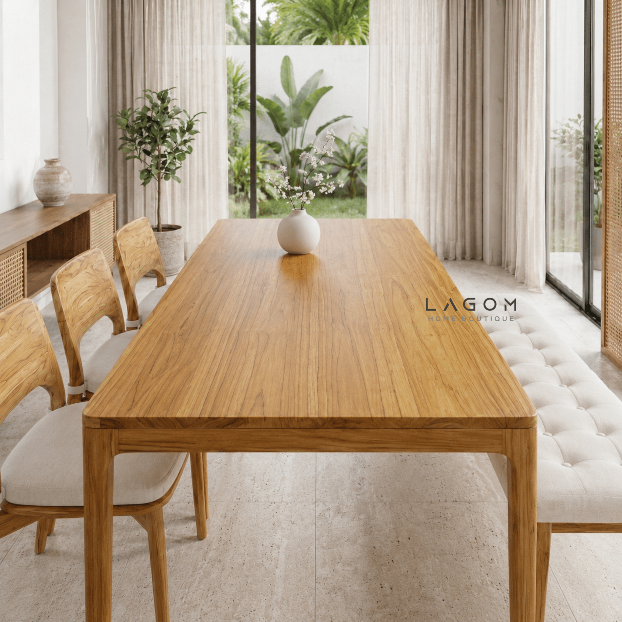 5-Seater Teak Dining Set with Chair and Bench Seating-Dining Set-Lagom Home Boutique
