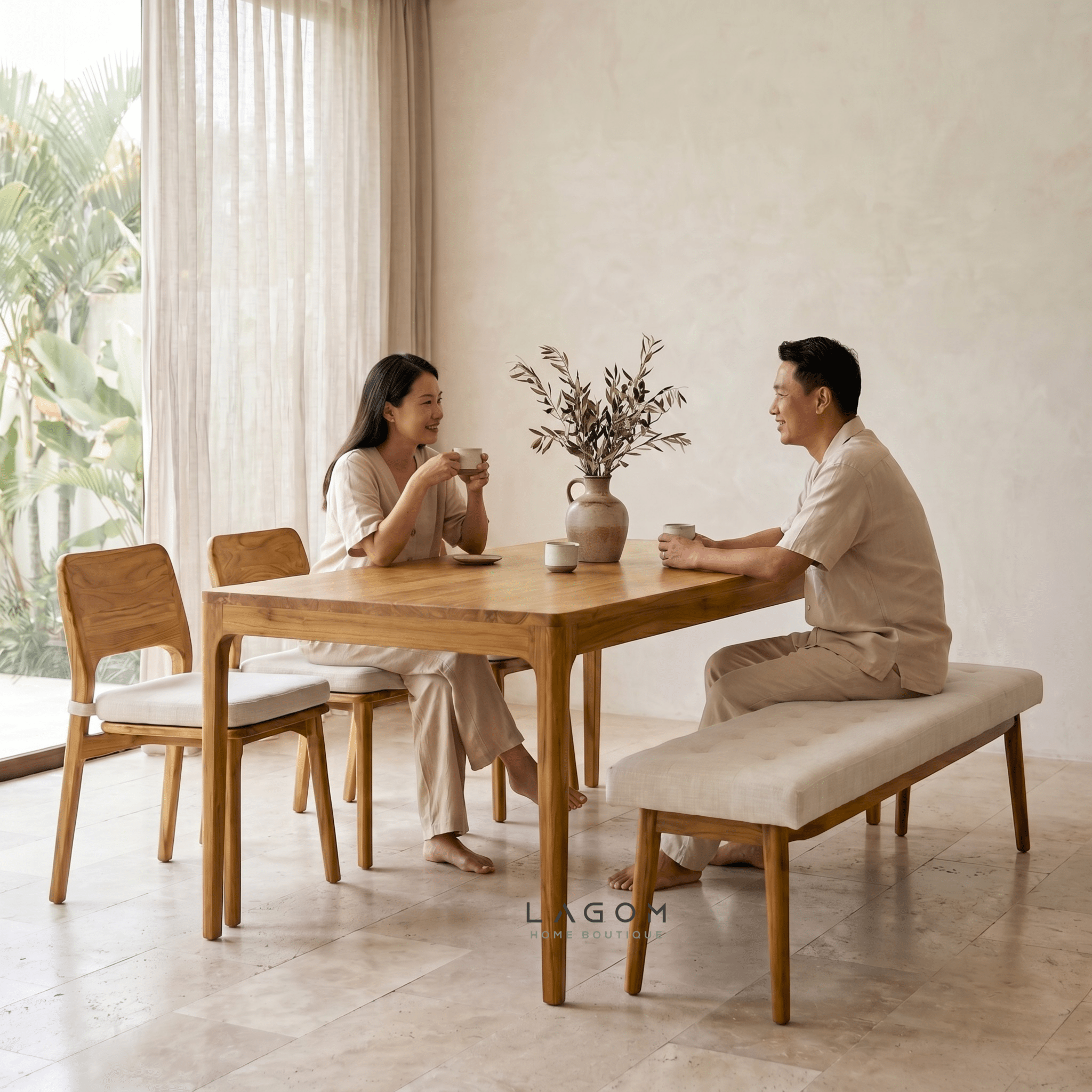 5-Seater Teak Dining Set with Chair and Bench Seating-Dining Set-Lagom Home Boutique