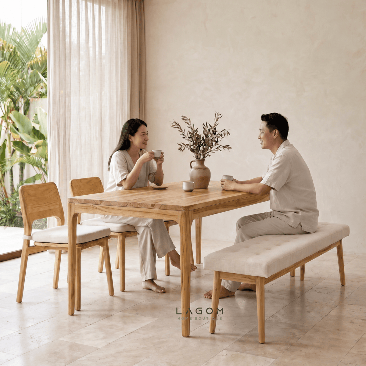 5-Seater Teak Dining Set with Chair and Bench Seating-Dining Set-Lagom Home Boutique