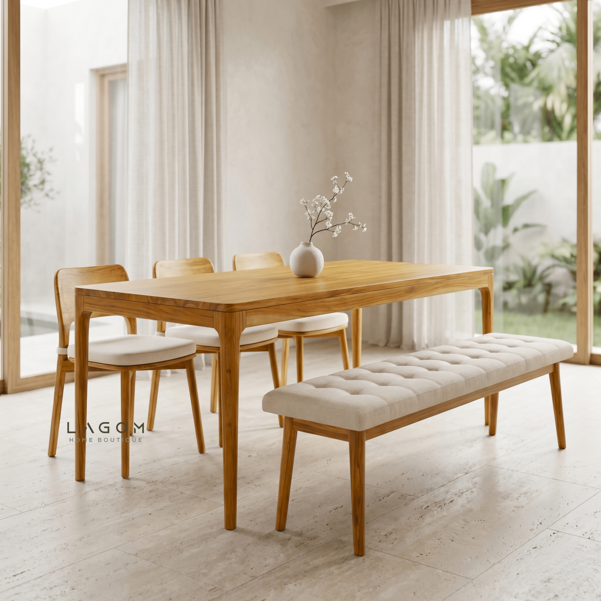 5-Seater Teak Dining Set with Chair and Bench Seating-Dining Set-Lagom Home Boutique