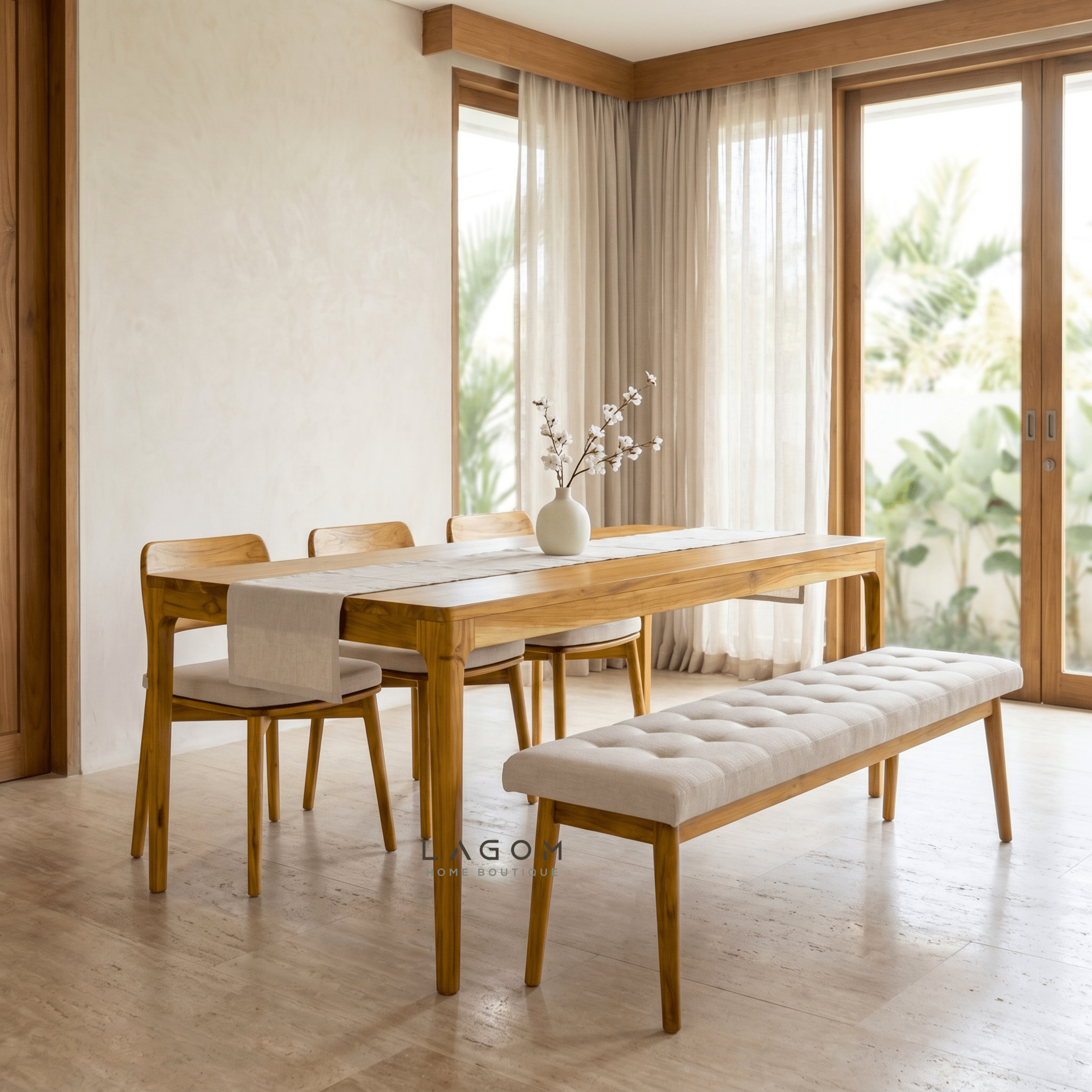 5-Seater Teak Dining Set with Chair and Bench Seating-Dining Set-Lagom Home Boutique