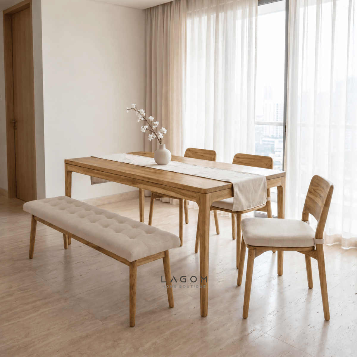 5-Seater Teak Dining Set with Chair and Bench Seating-Dining Set-Lagom Home Boutique