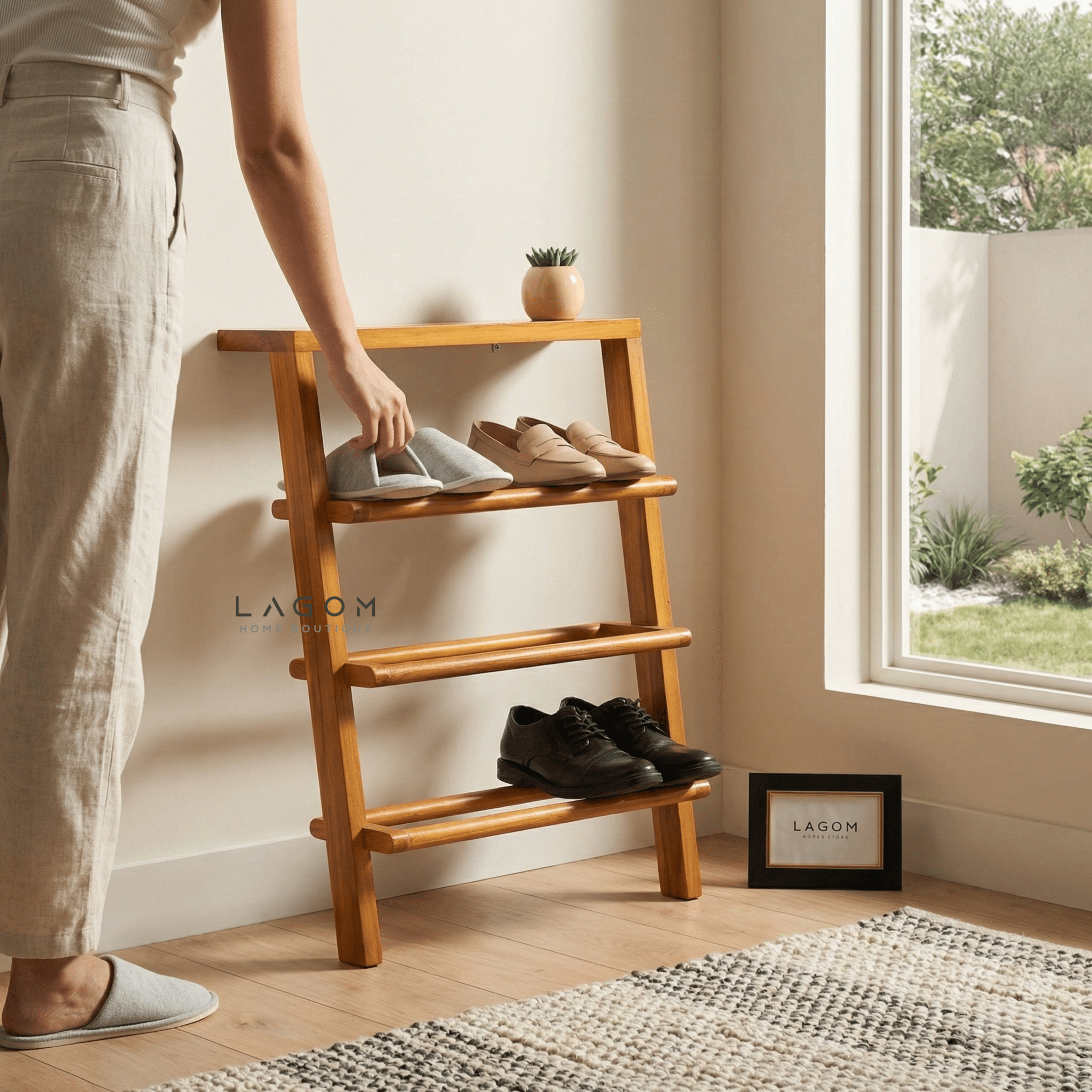 6 - Pair Teak Leaning Shoe Rack with Top Shelf - Shoe Rack - Lagom Home Boutique