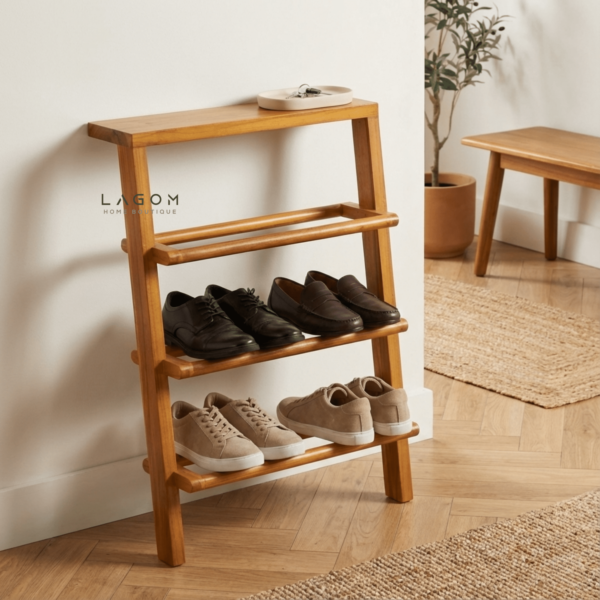 6 - Pair Teak Leaning Shoe Rack with Top Shelf - Shoe Rack - Lagom Home Boutique
