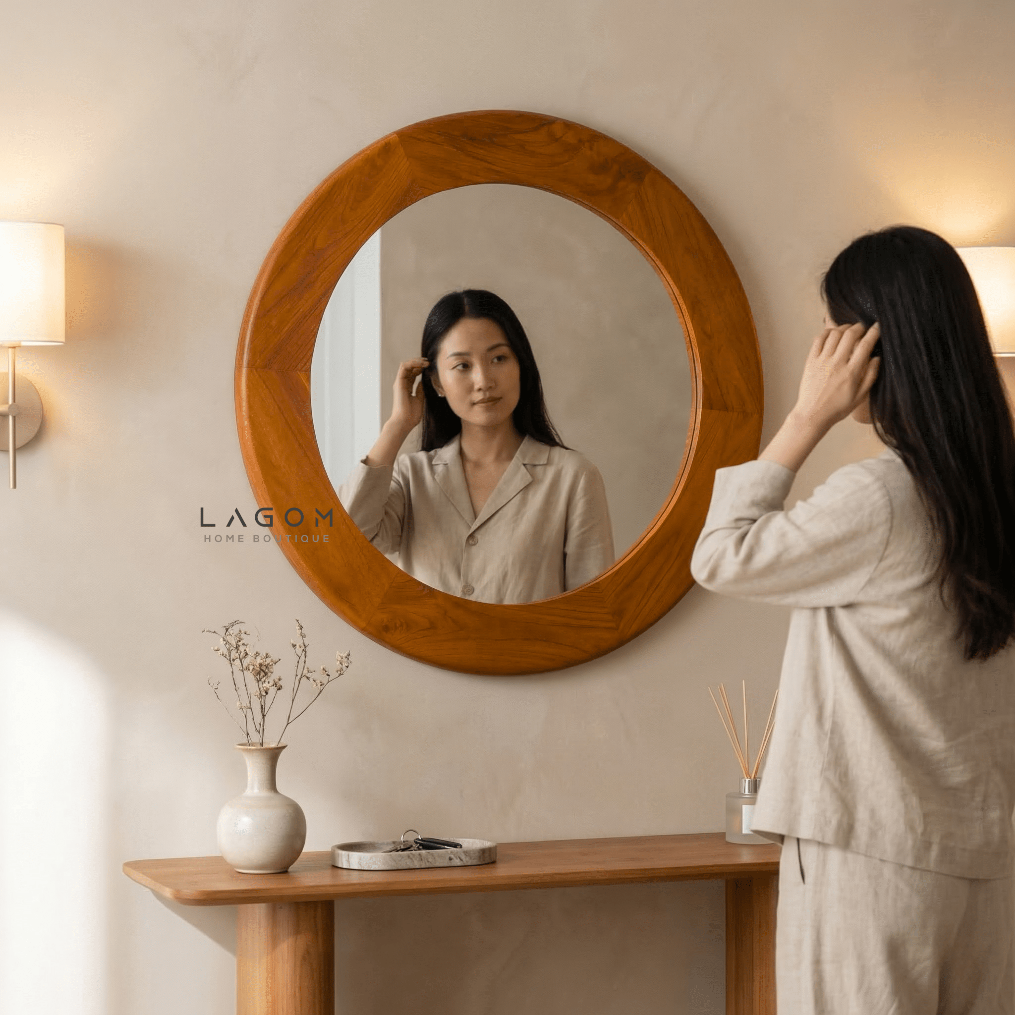 76 cm Round Teak Wall Mirror - Mirror - Lagom Home Boutique