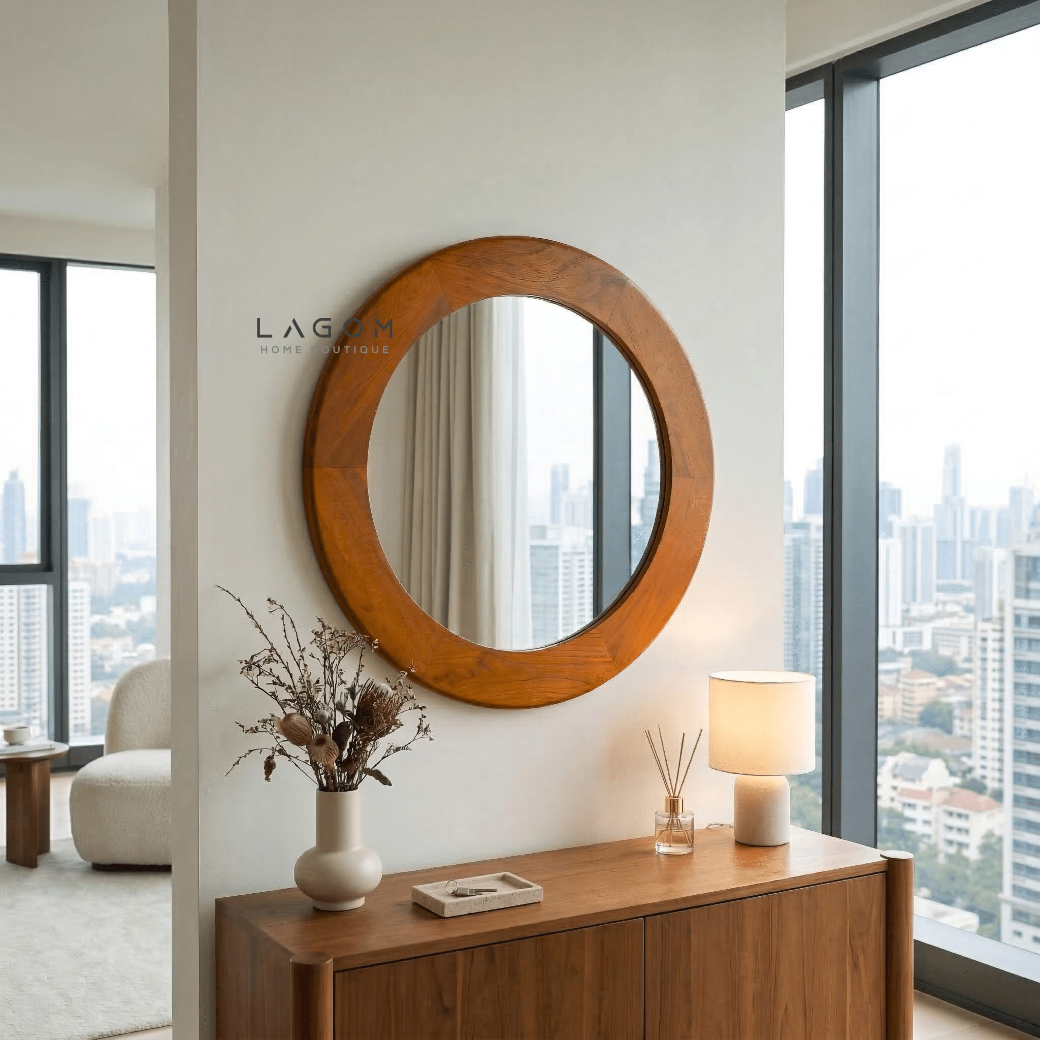 76 cm Round Teak Wall Mirror - Mirror - Lagom Home Boutique