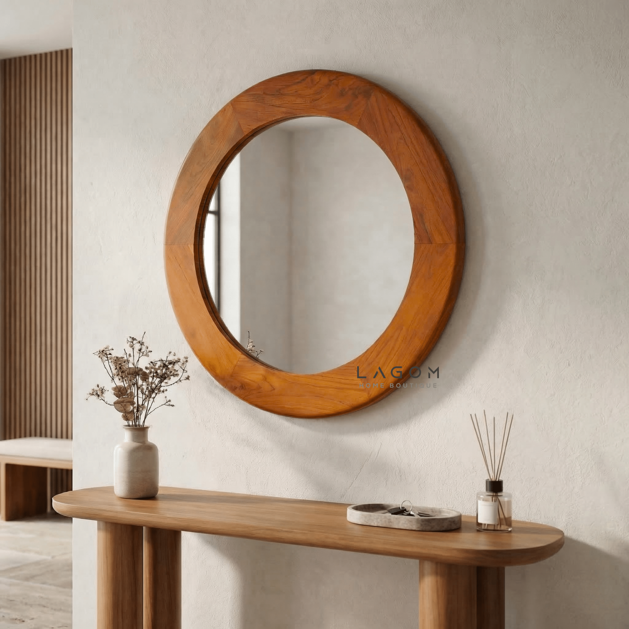 76 cm Round Teak Wall Mirror - Mirror - Lagom Home Boutique