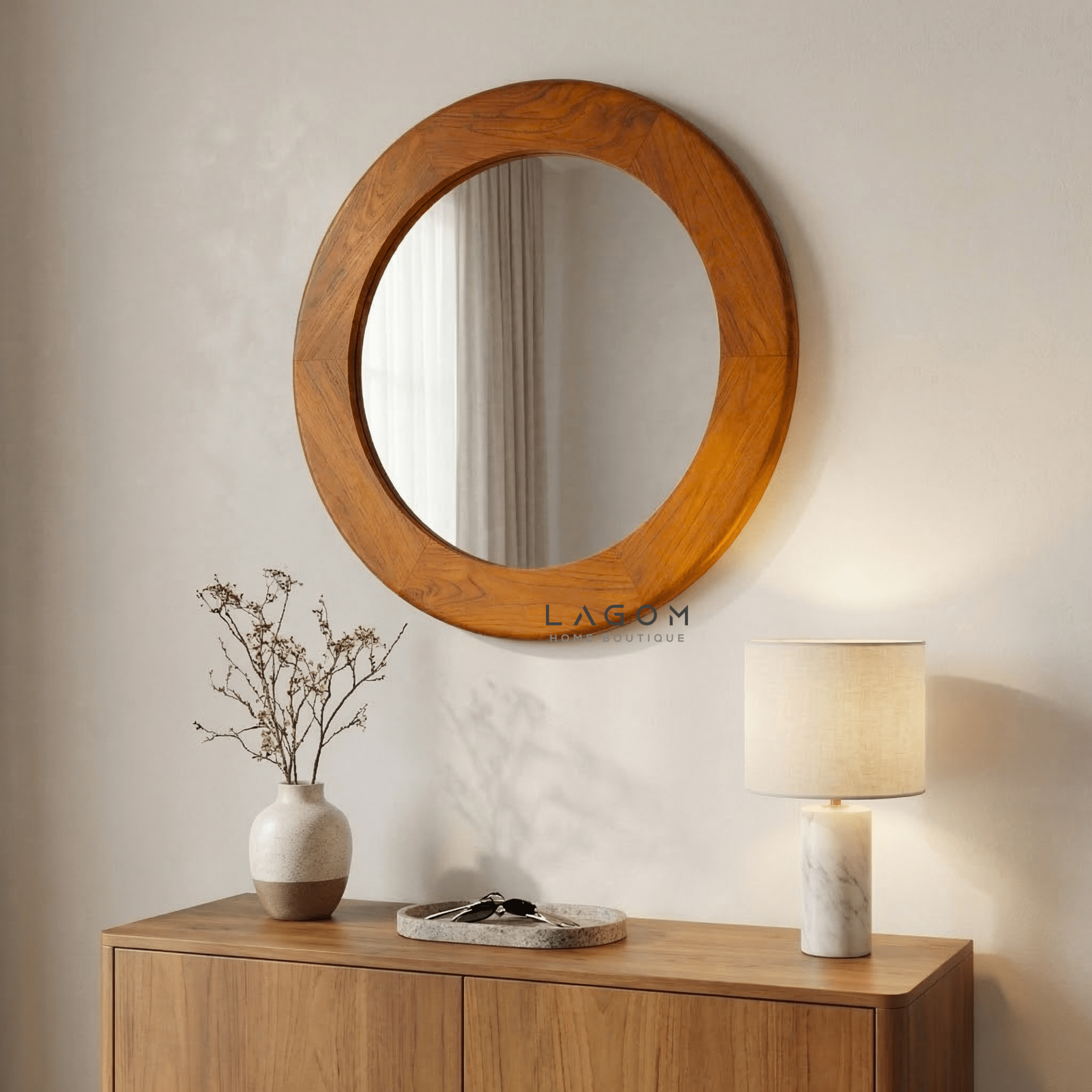 76 cm Round Teak Wall Mirror - Mirror - Lagom Home Boutique