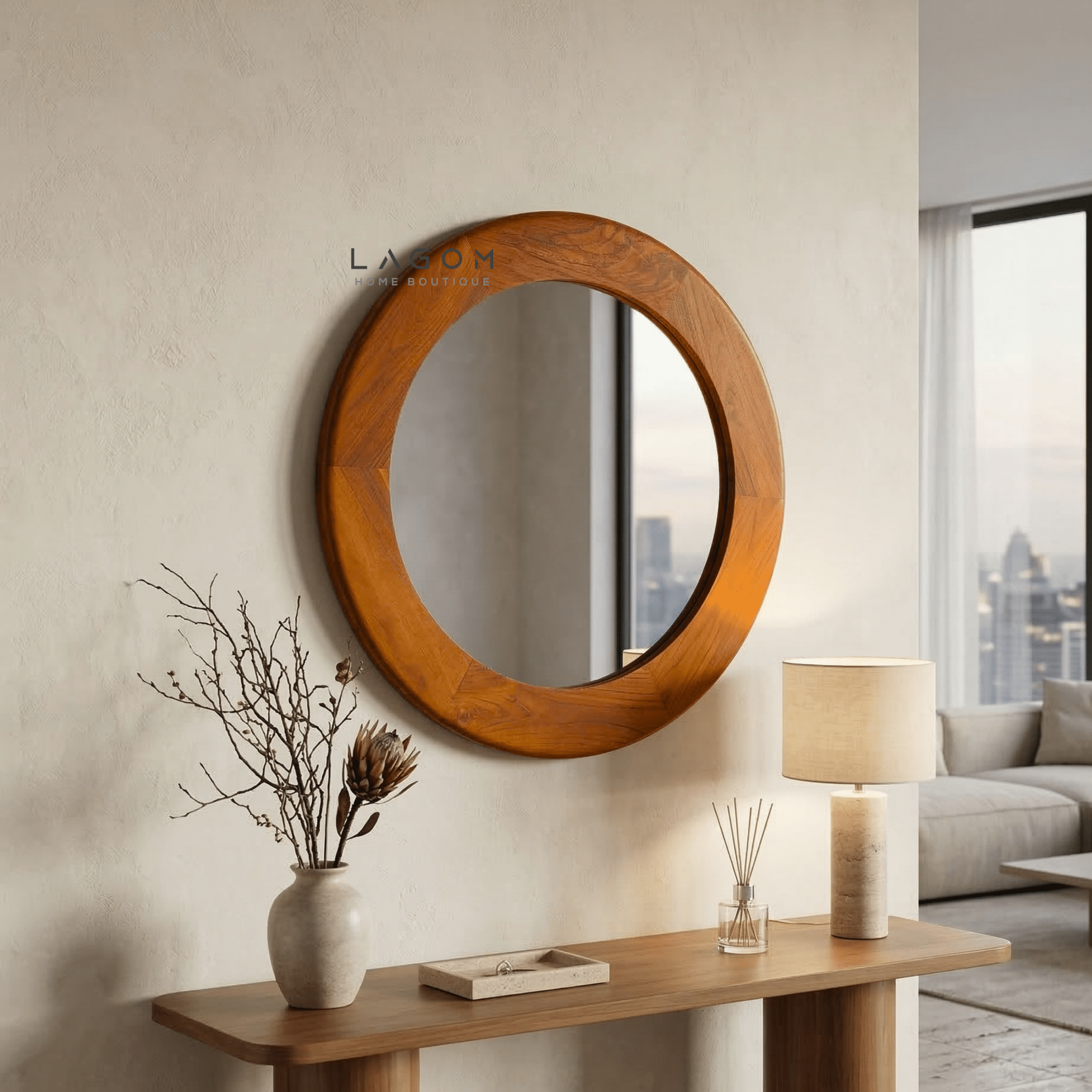 76 cm Round Teak Wall Mirror - Mirror - Lagom Home Boutique