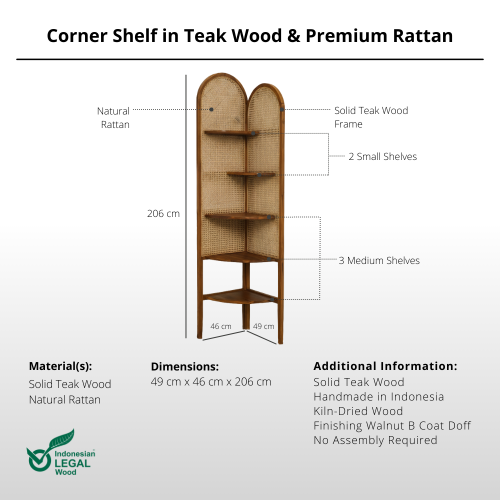 Corner Shelf in Teak Wood & Rattan