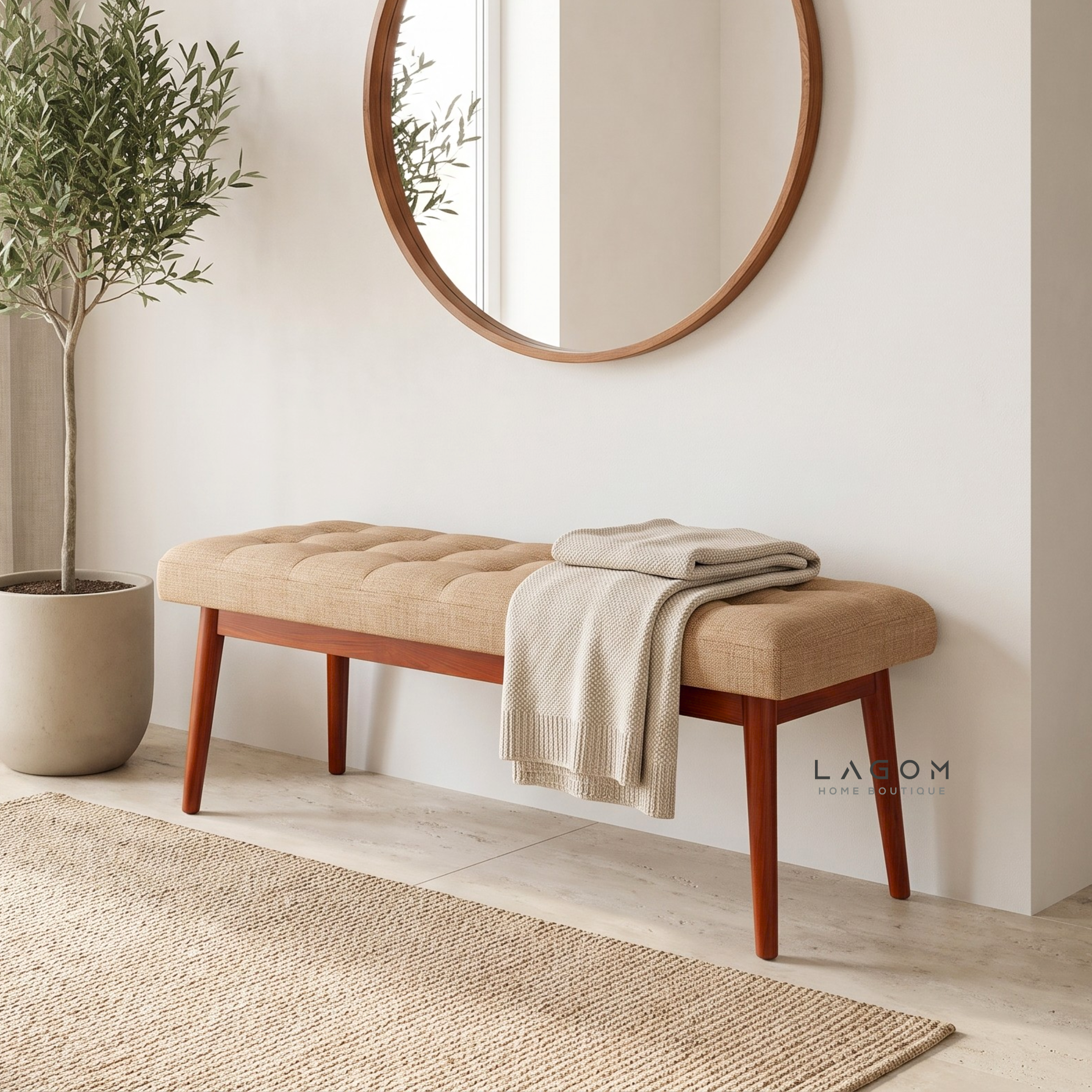 Solid Teak Bench with Tufted Cushion