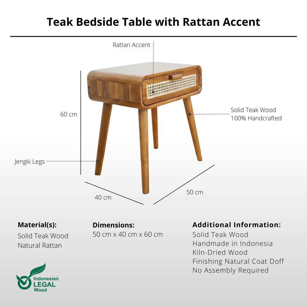 Teak Bedside Table with Rattan Accent