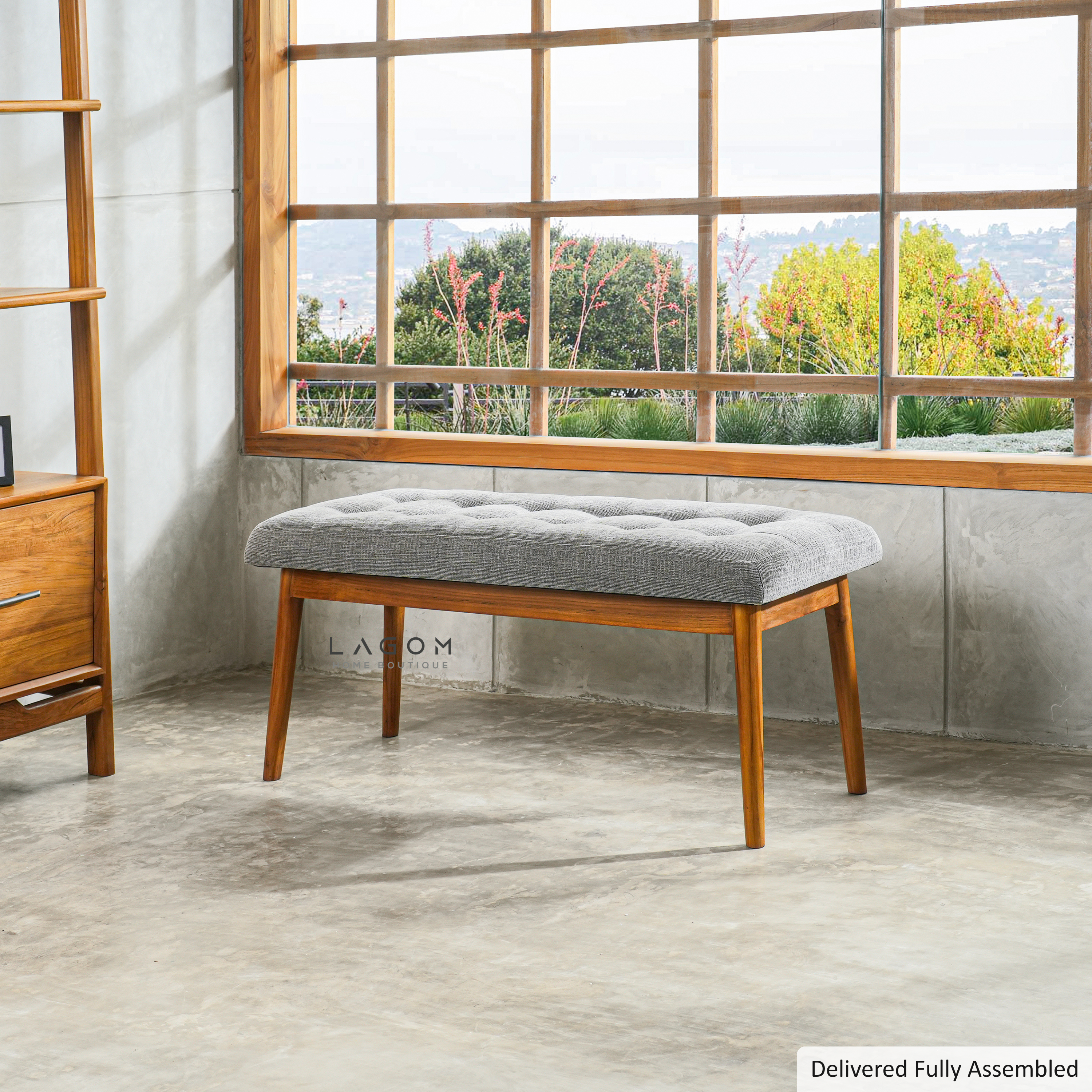 Solid Teak Bench with Button Accent Cushion