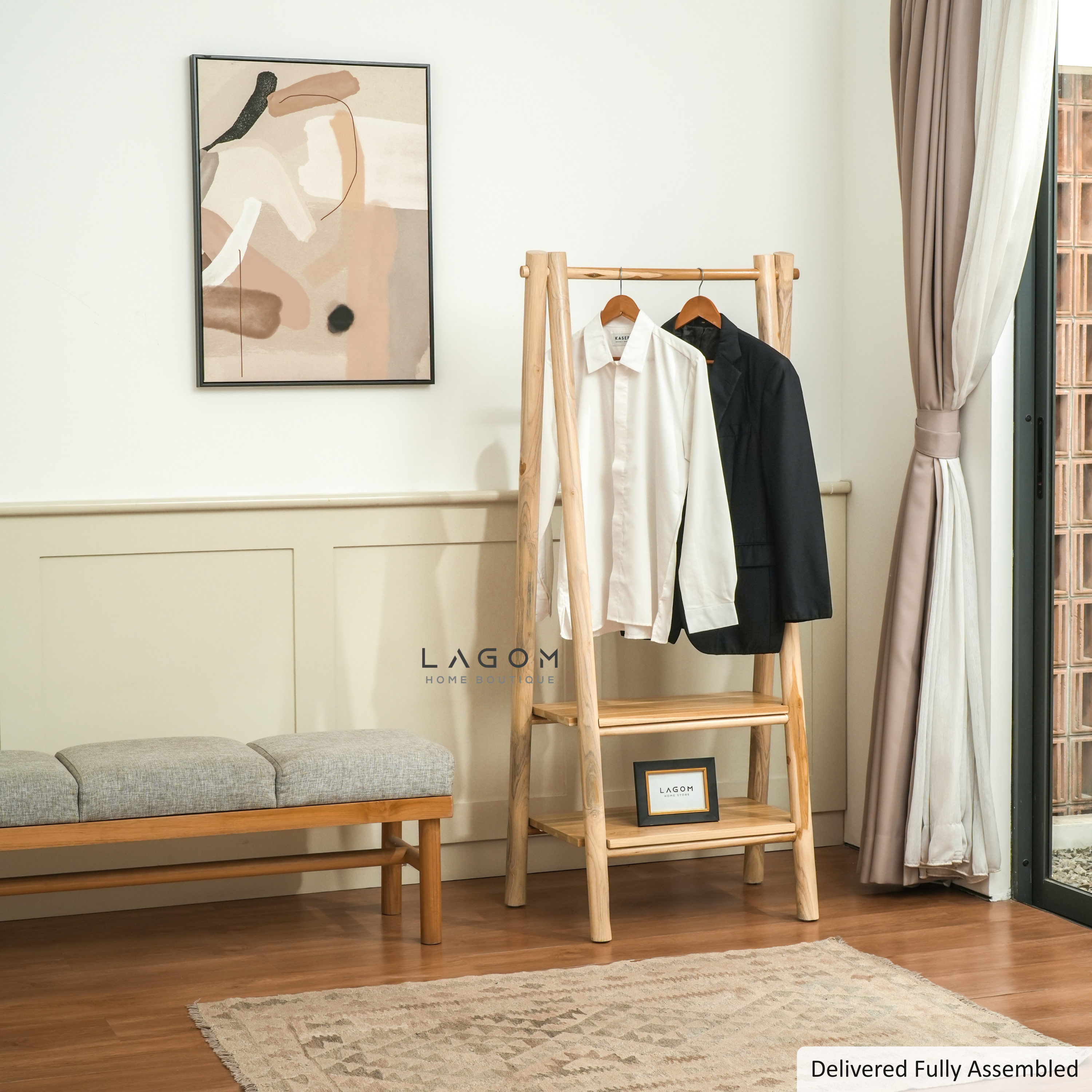 Teak Standing Coat Hanger with Two Shelves