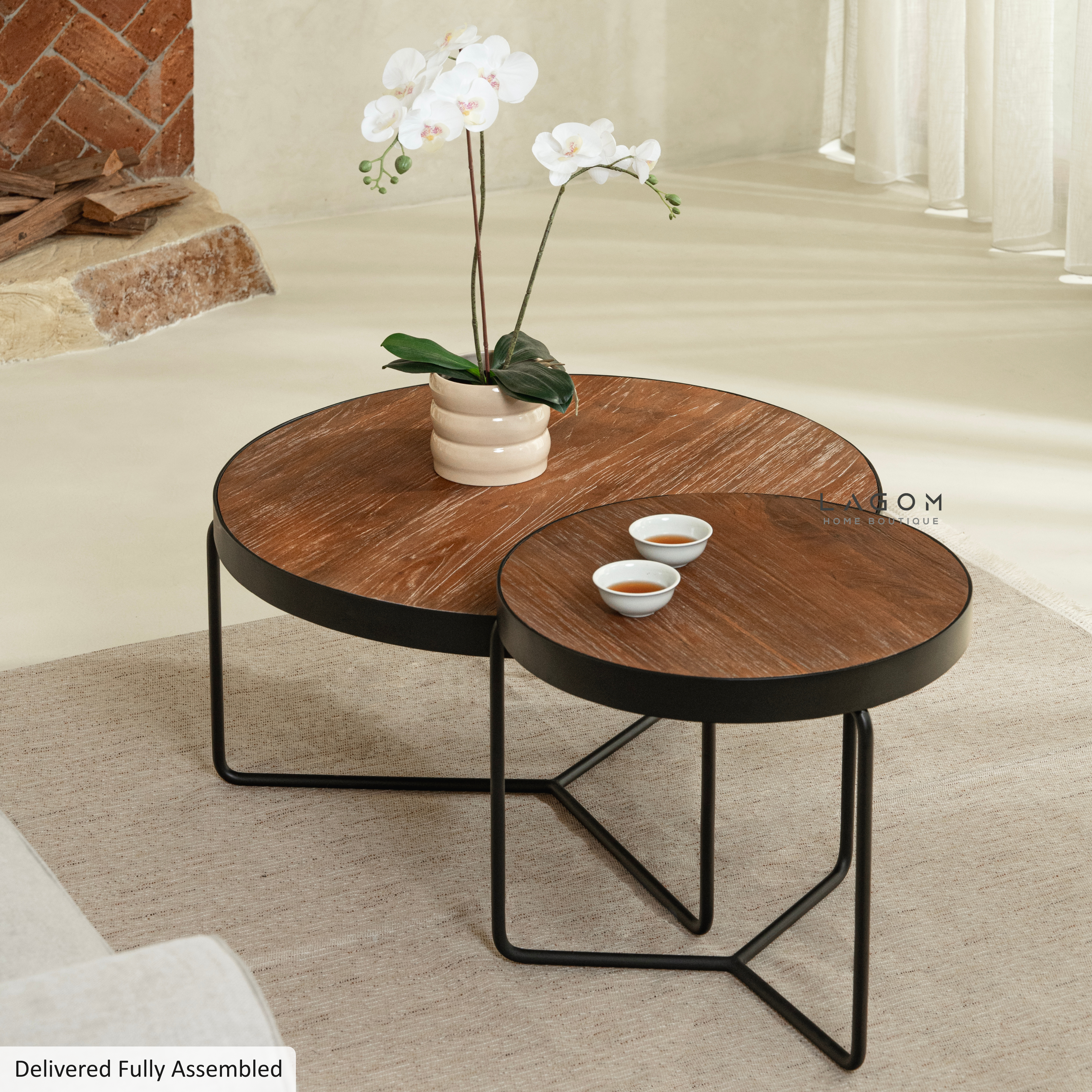 Timeless Round Teak Coffee Table Set - Solid Wood & Iron