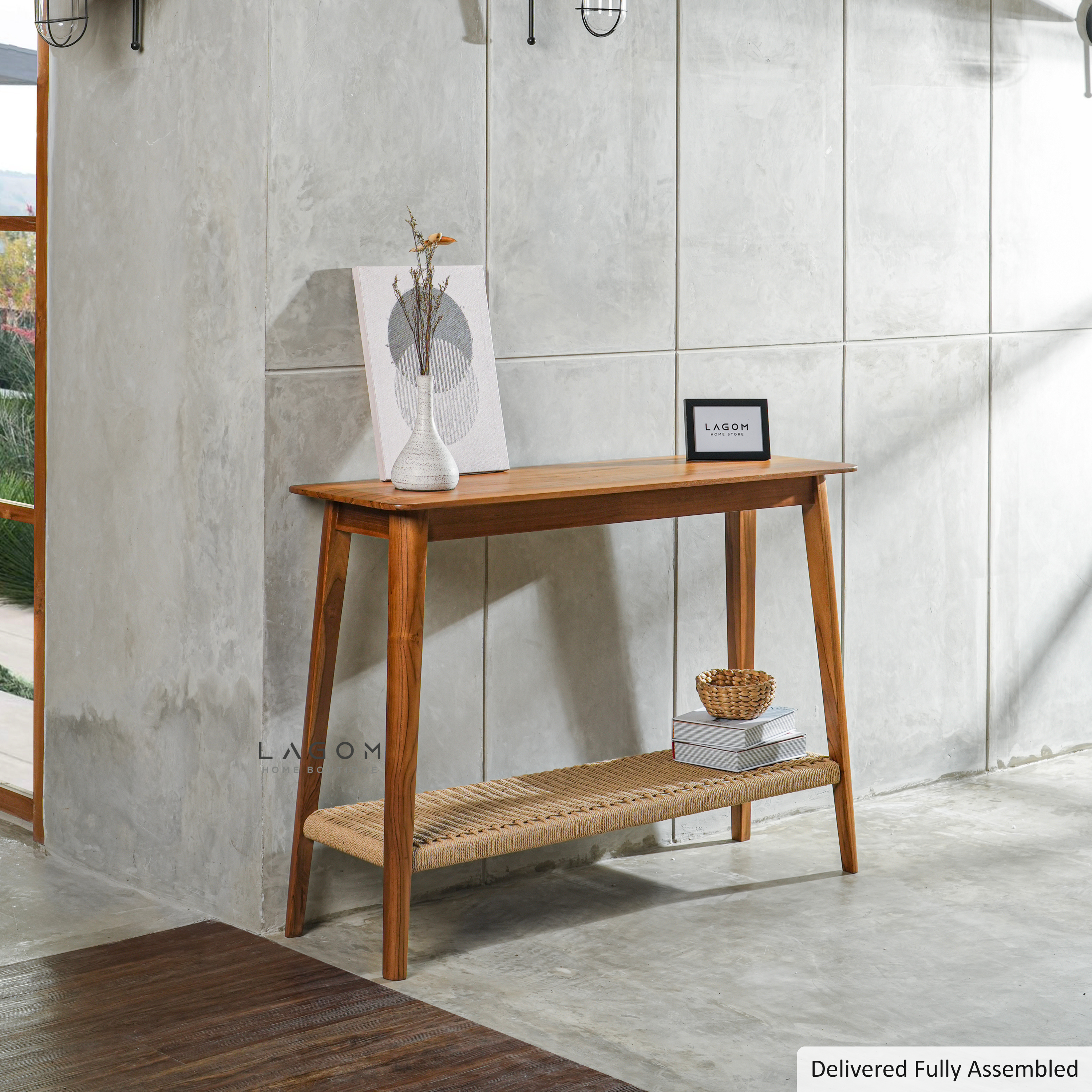 Teak Console Table with Handwoven Loom Shelf